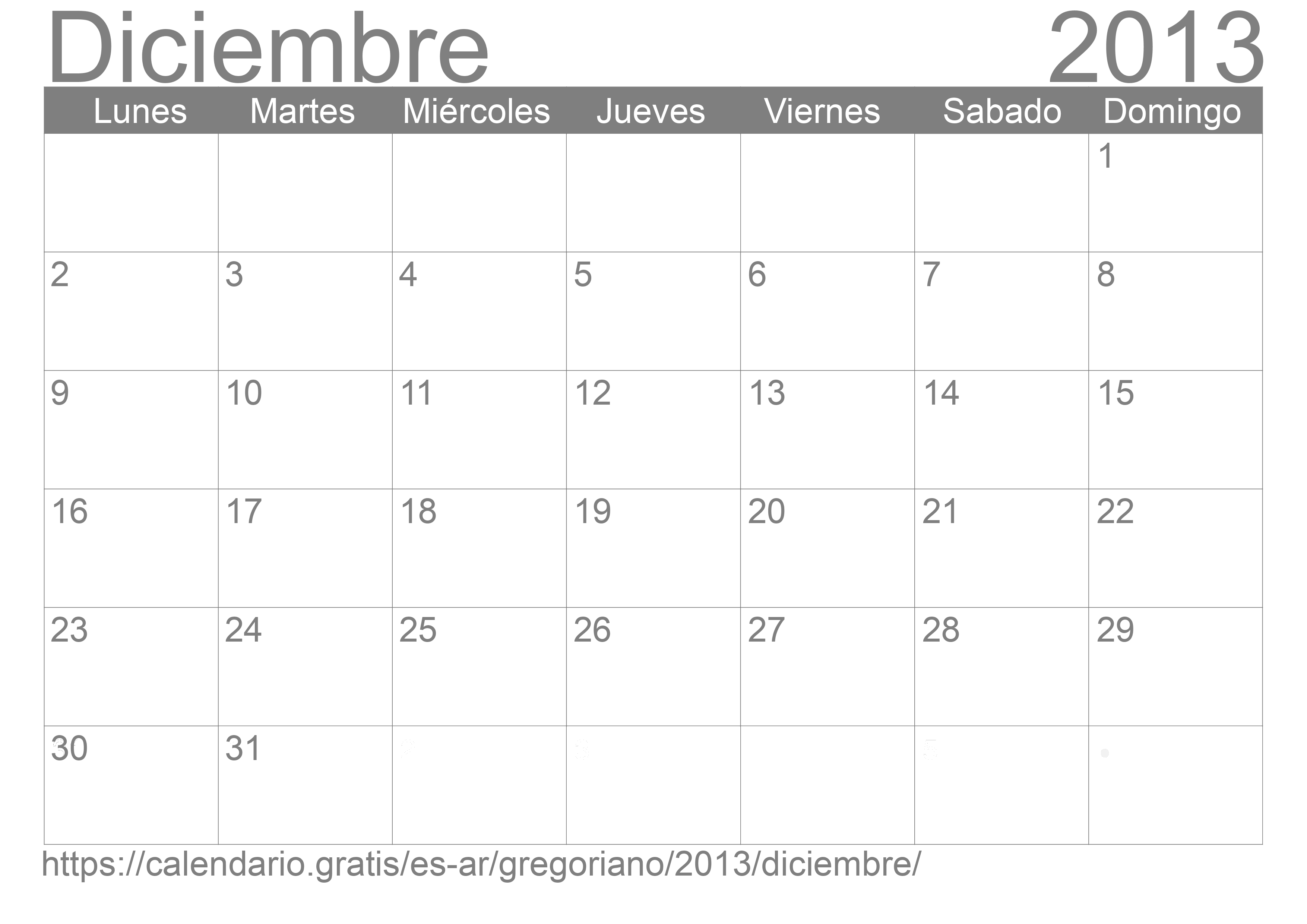 Calendario Diciembre 2013 para imprimir