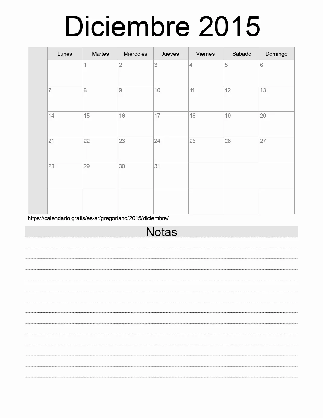 Calendario Diciembre 2015 para imprimir con notas. (Argentina)