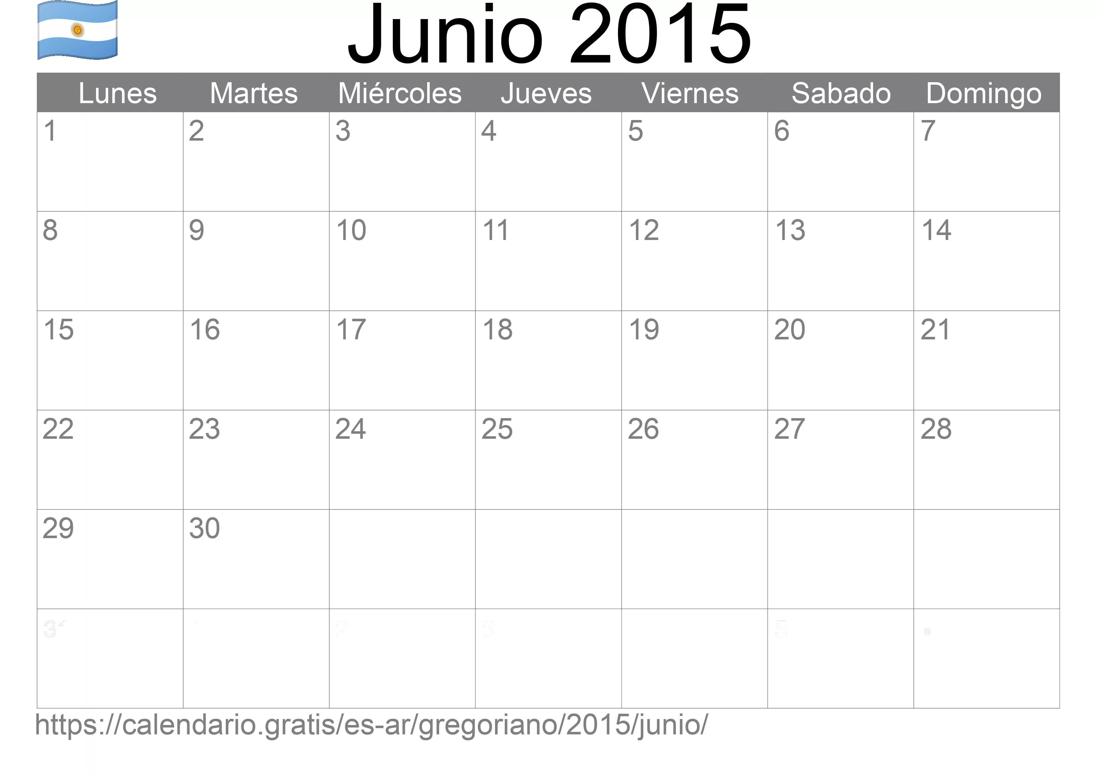 Calendario Junio 2015 para imprimir (Argentina)