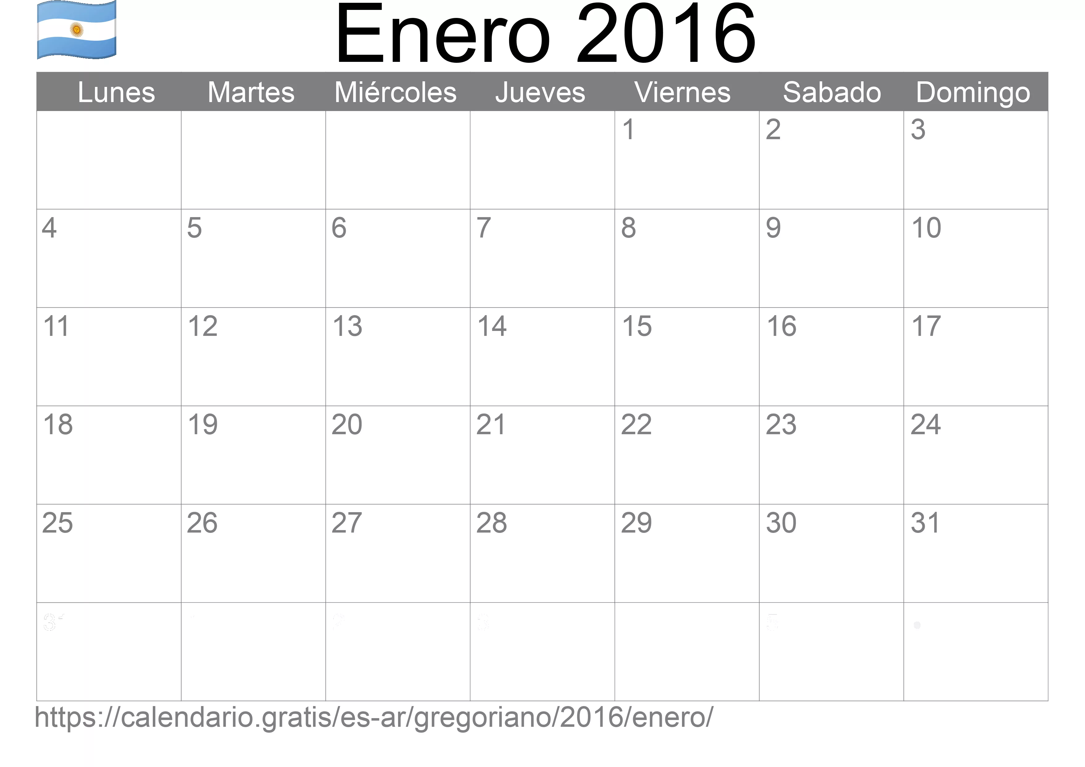 Calendario Enero 2016 para imprimir (Argentina)