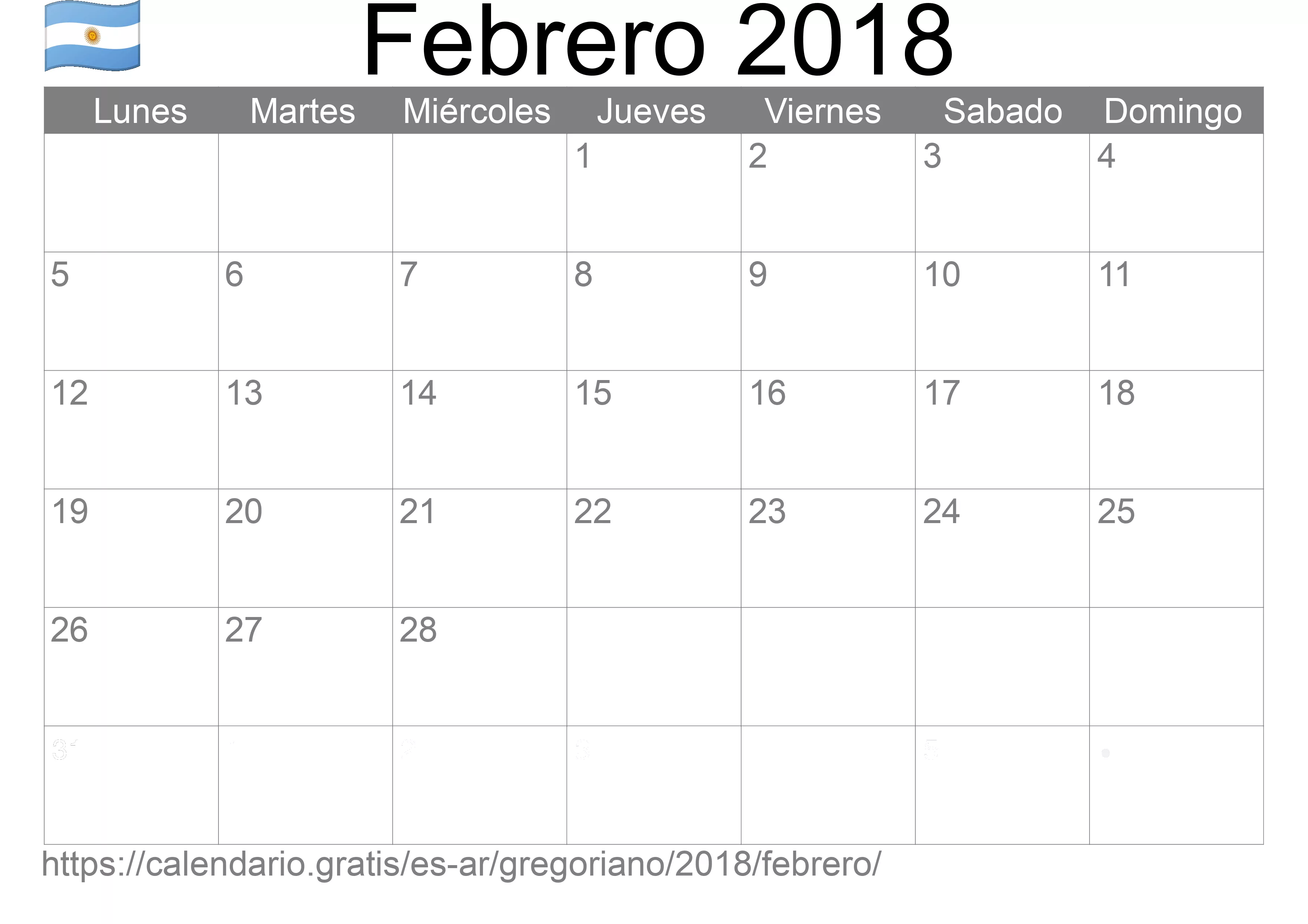 Calendario Febrero 2018 para imprimir (Argentina) Calendario Febrero 2018 para imprimir (Argentina)