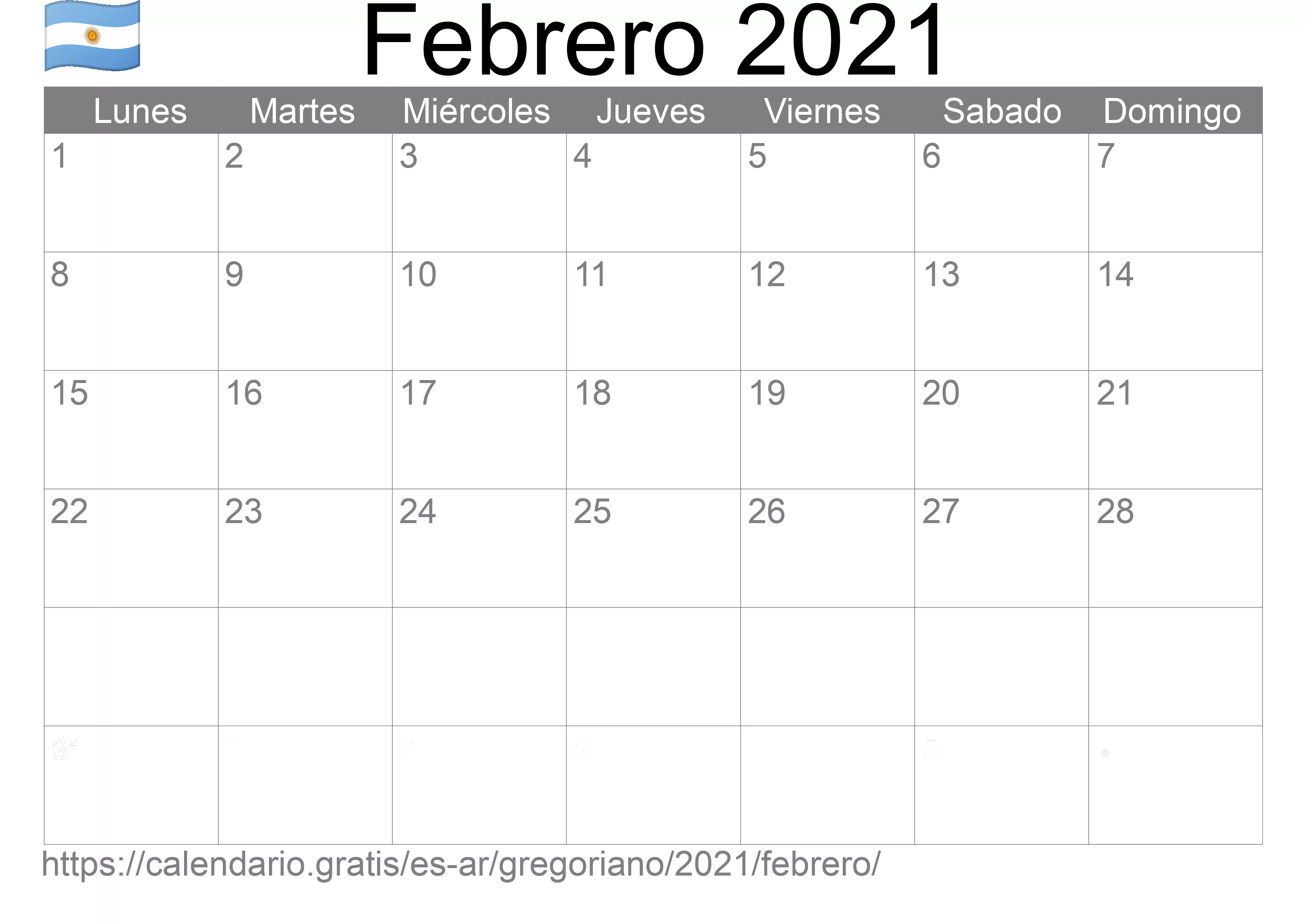 Calendario Febrero 2021 para imprimir (Argentina)