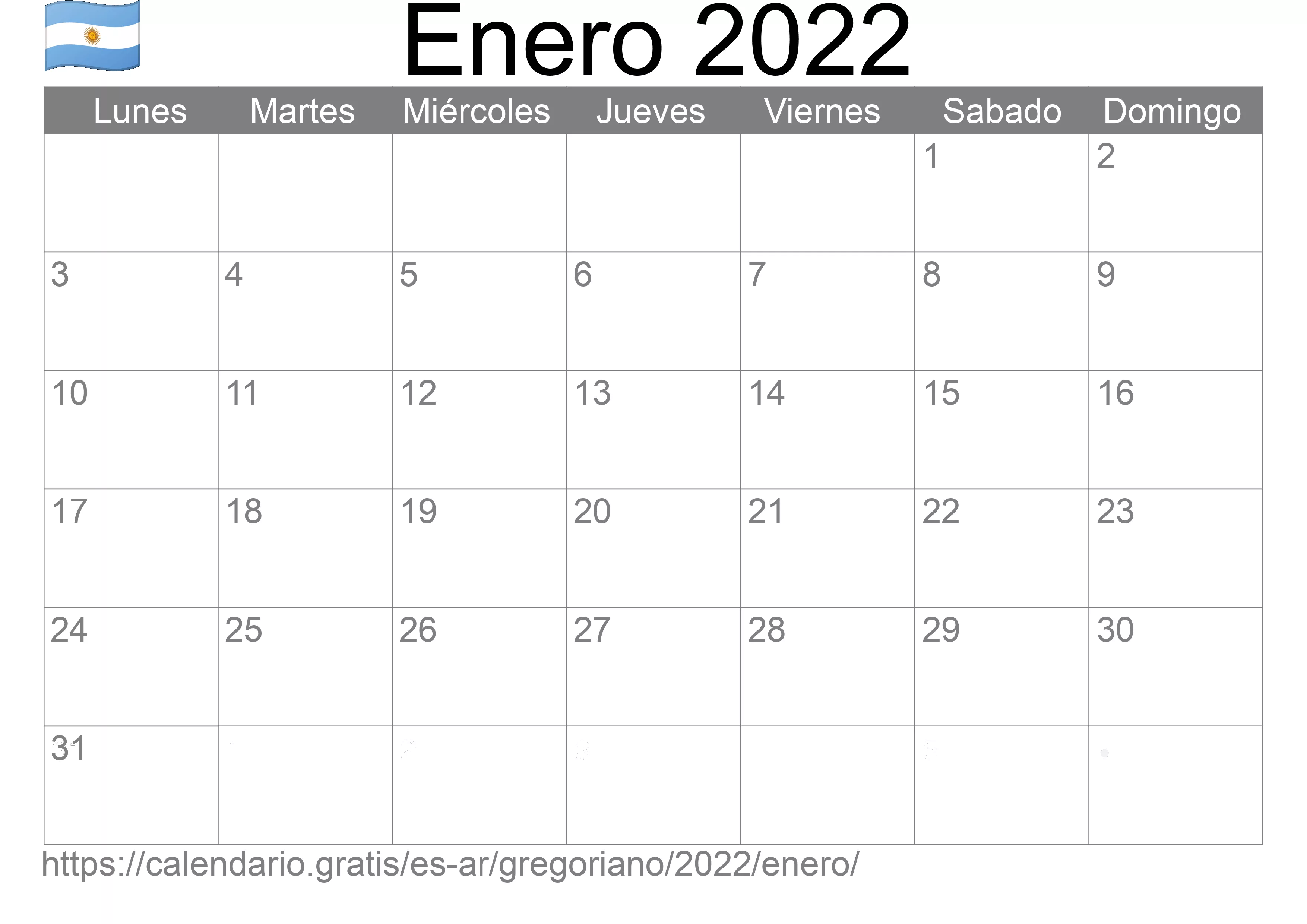Calendario Enero 2022 de Argentina en español Festivos y fase luna