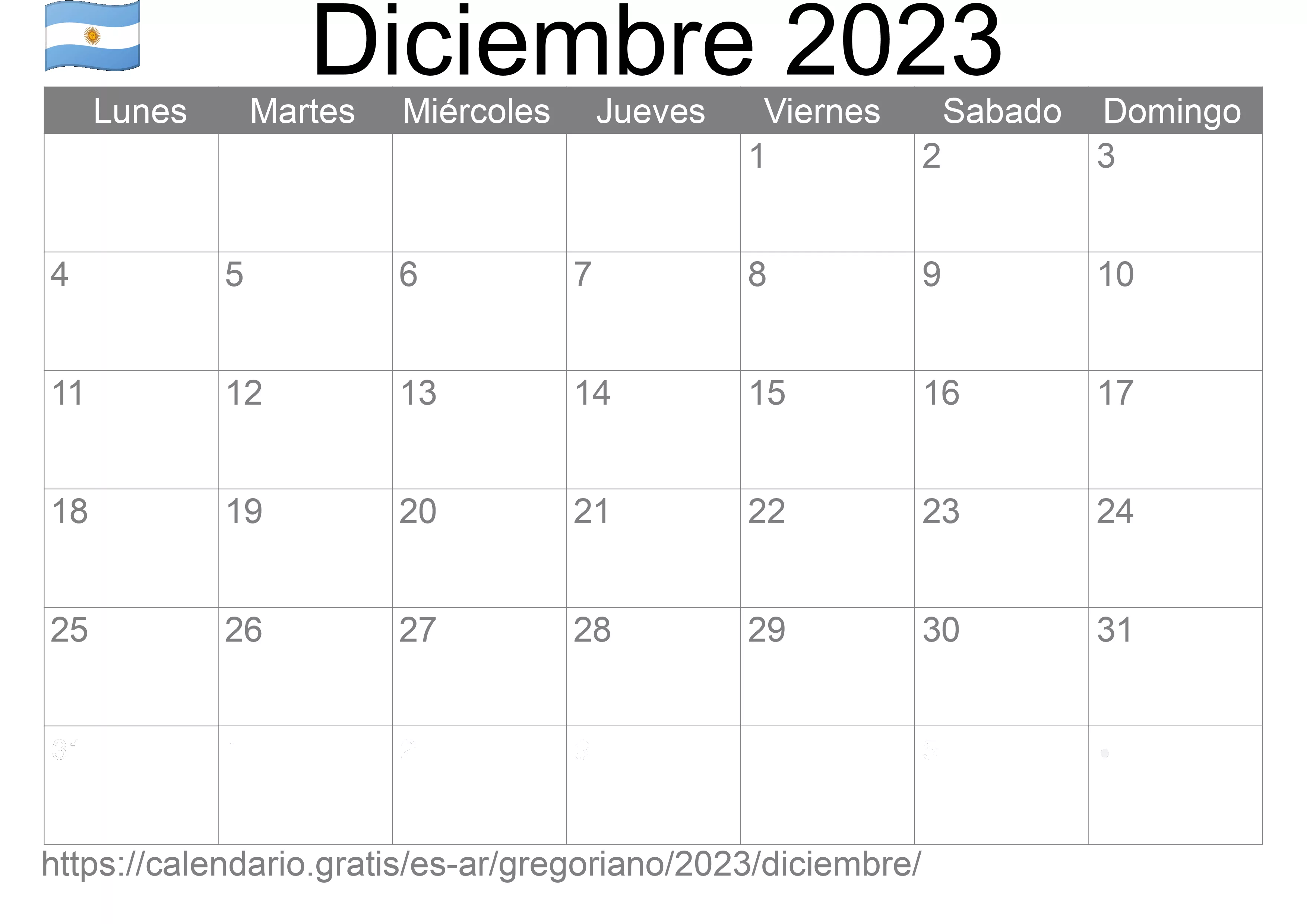 Calendario Diciembre 2023 para imprimir (Argentina)