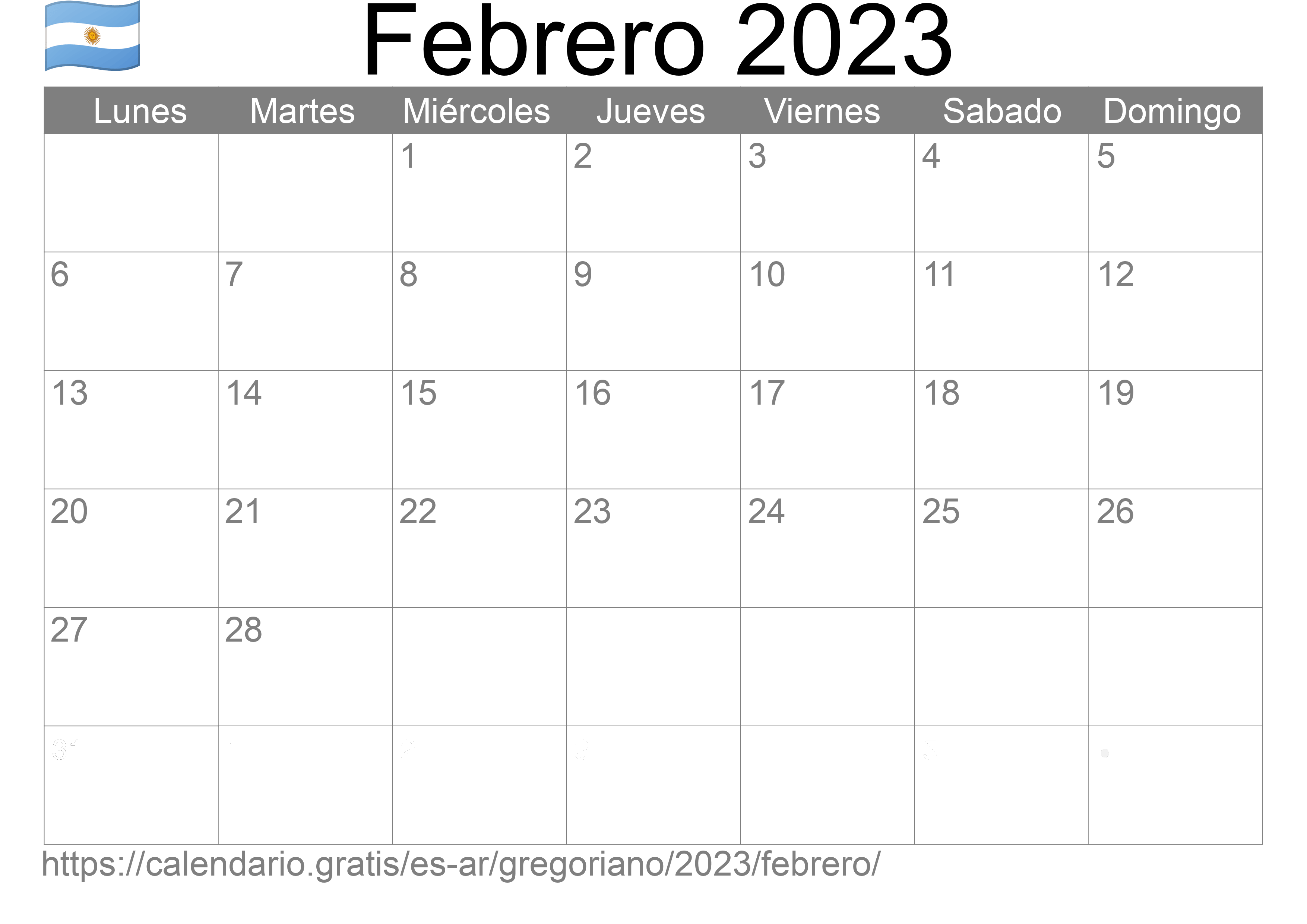 Calendario Febrero 2023 para imprimir