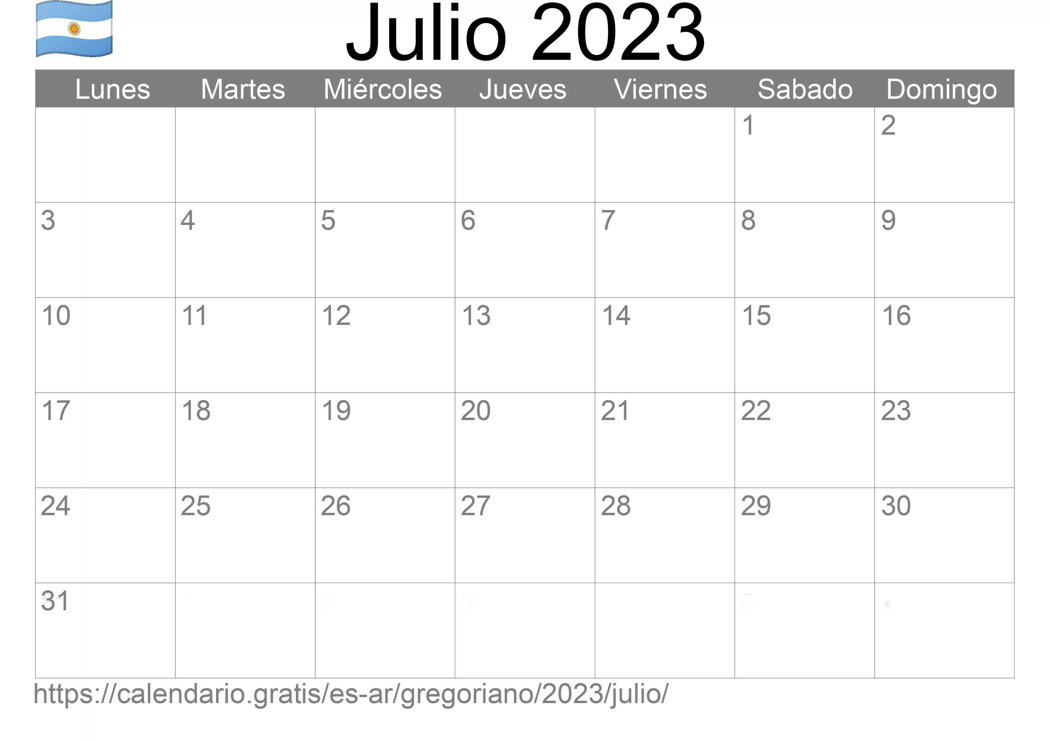 Calendario Julio 2023 para imprimir (Argentina)