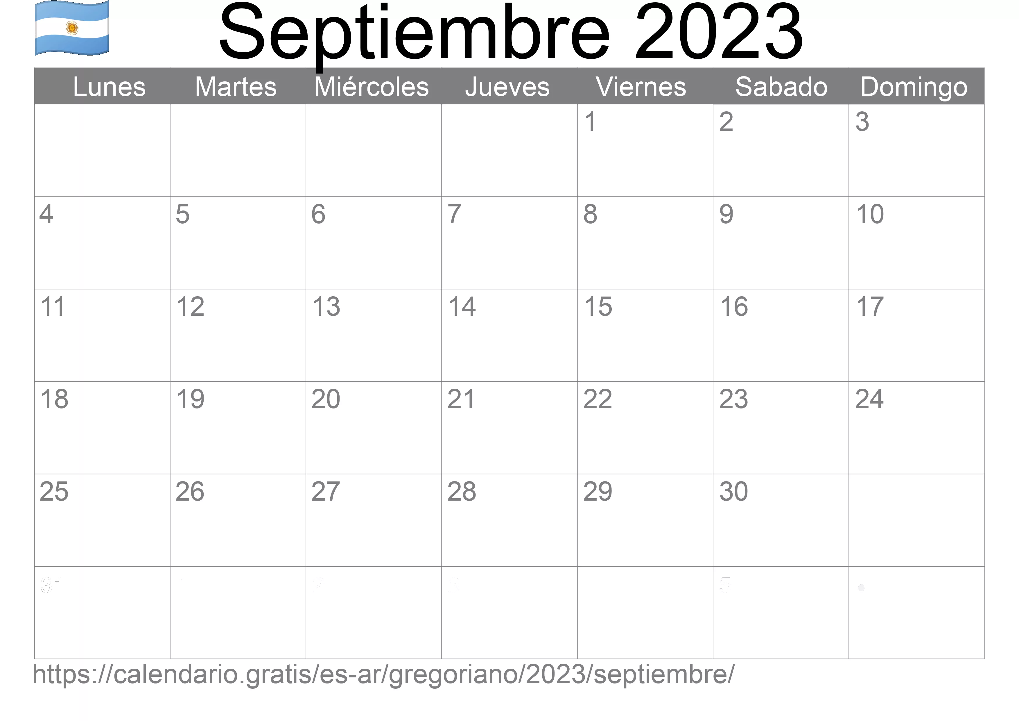 Calendario Septiembre 2023 para imprimir (Argentina)