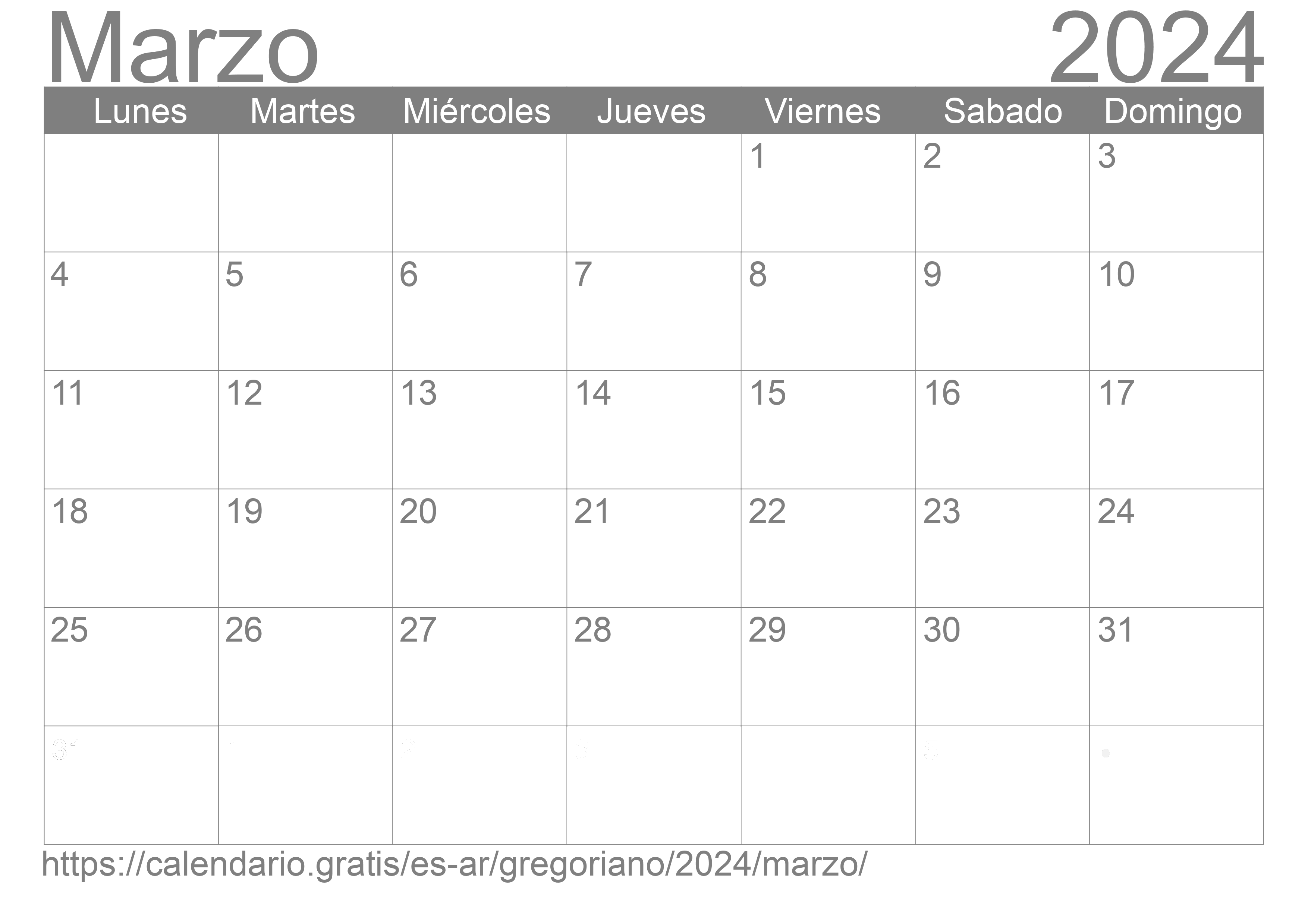 Calendario Marzo 2024 de Argentina en español Festivos y fase lunar