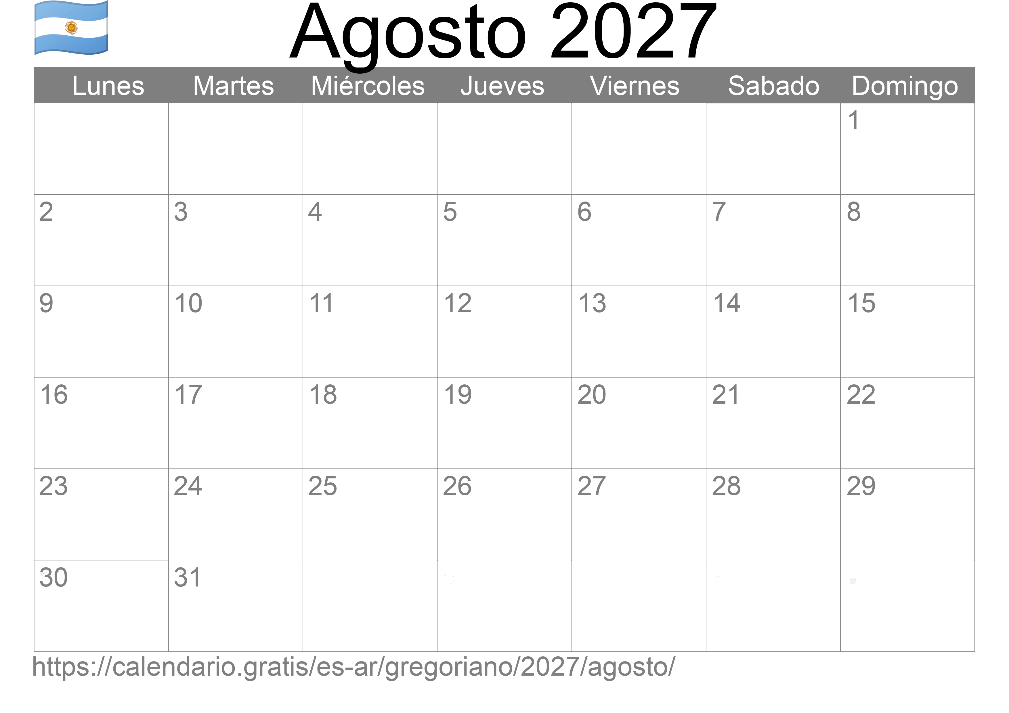 Calendario Agosto 2027 para imprimir