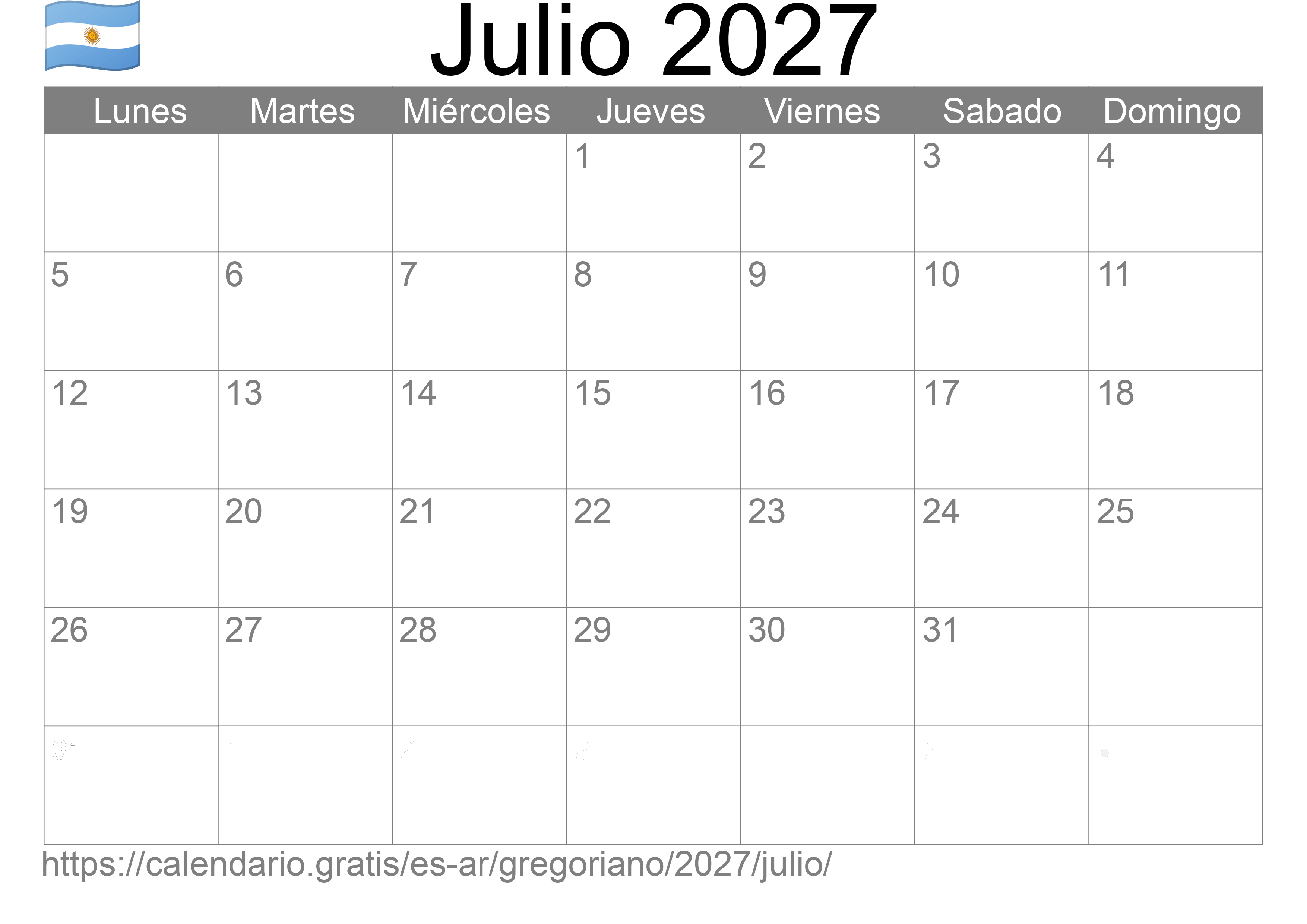 Calendario Julio 2027 para imprimir