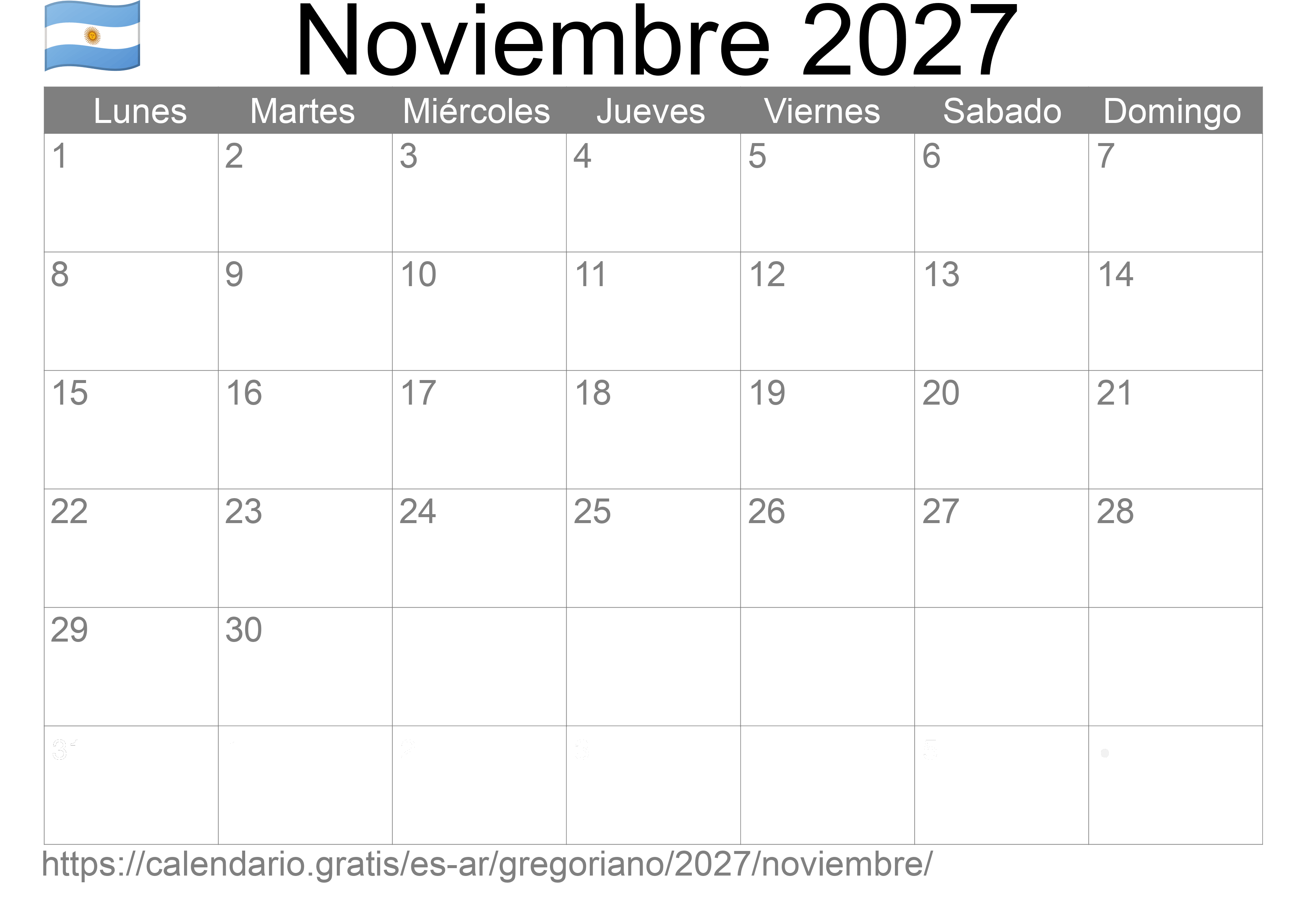 Calendario Noviembre 2027 para imprimir