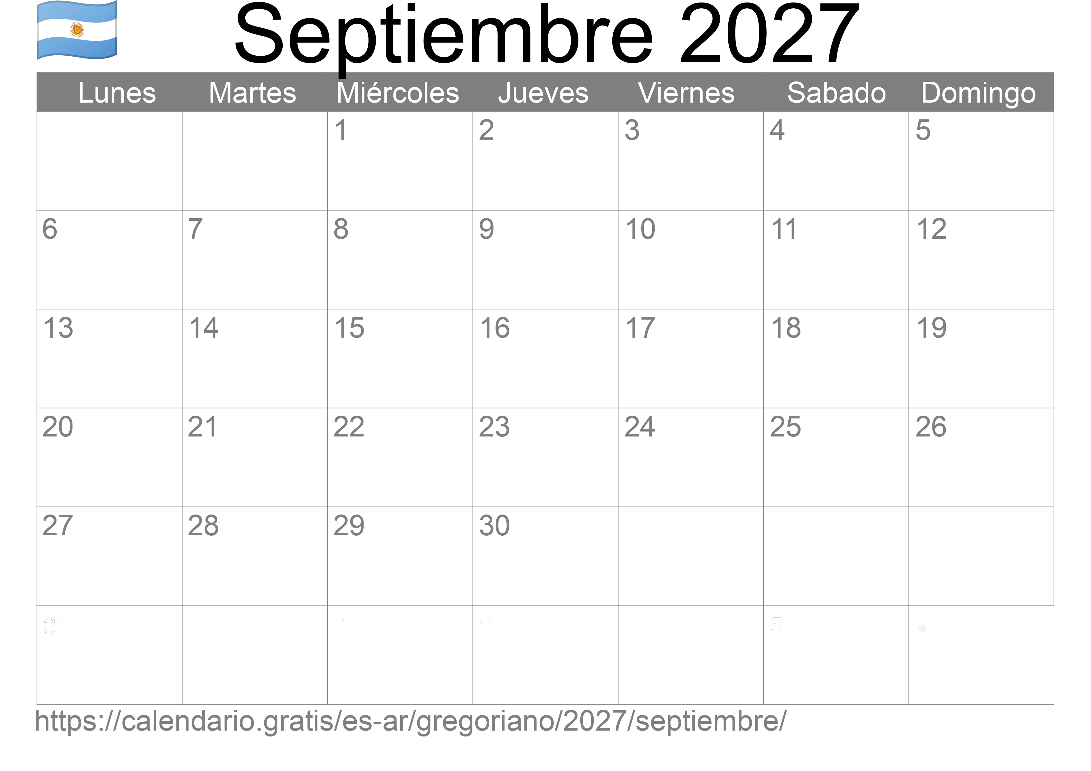 Calendario Septiembre 2027 para imprimir