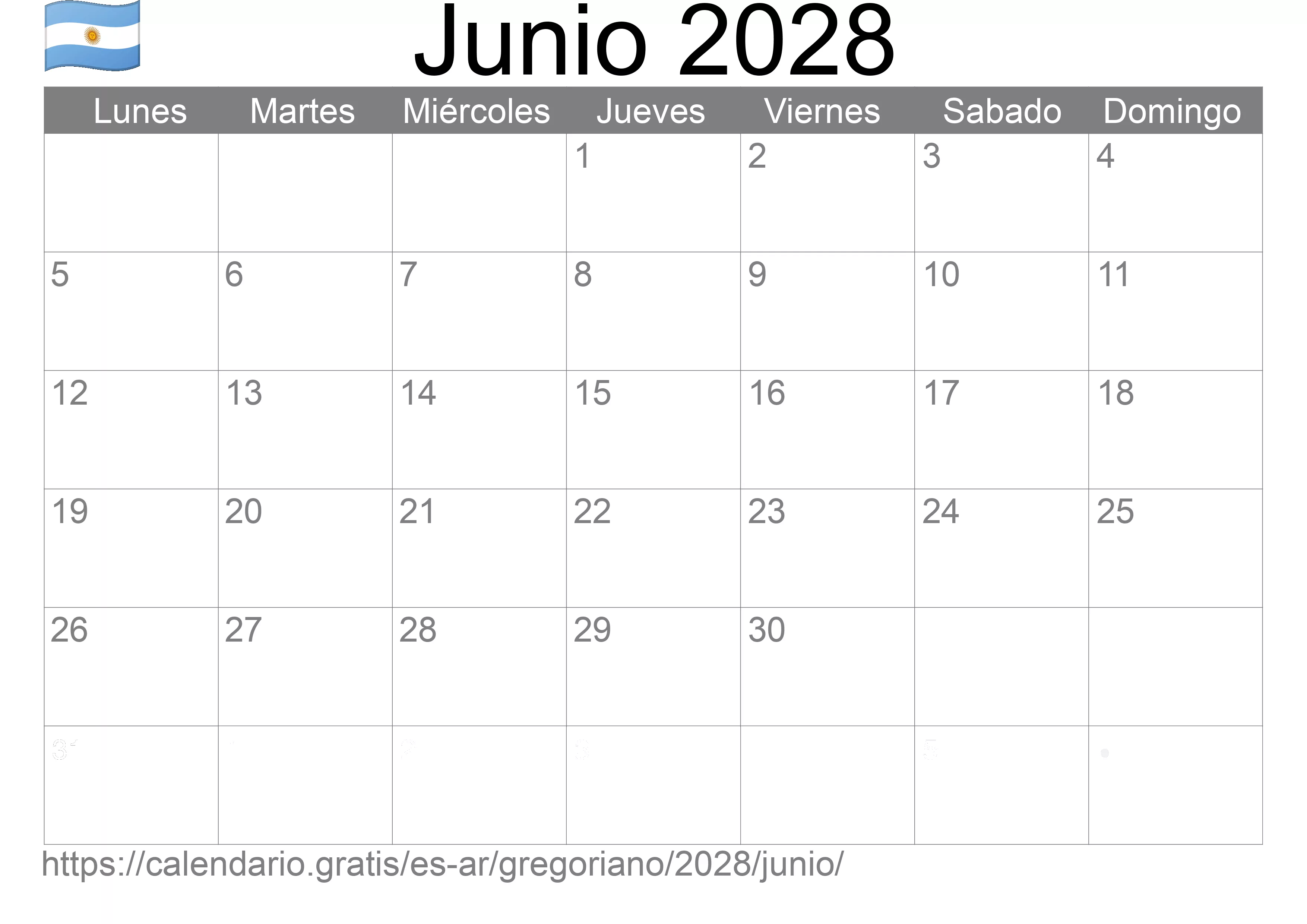 Calendario Junio 2028 para imprimir (Argentina)