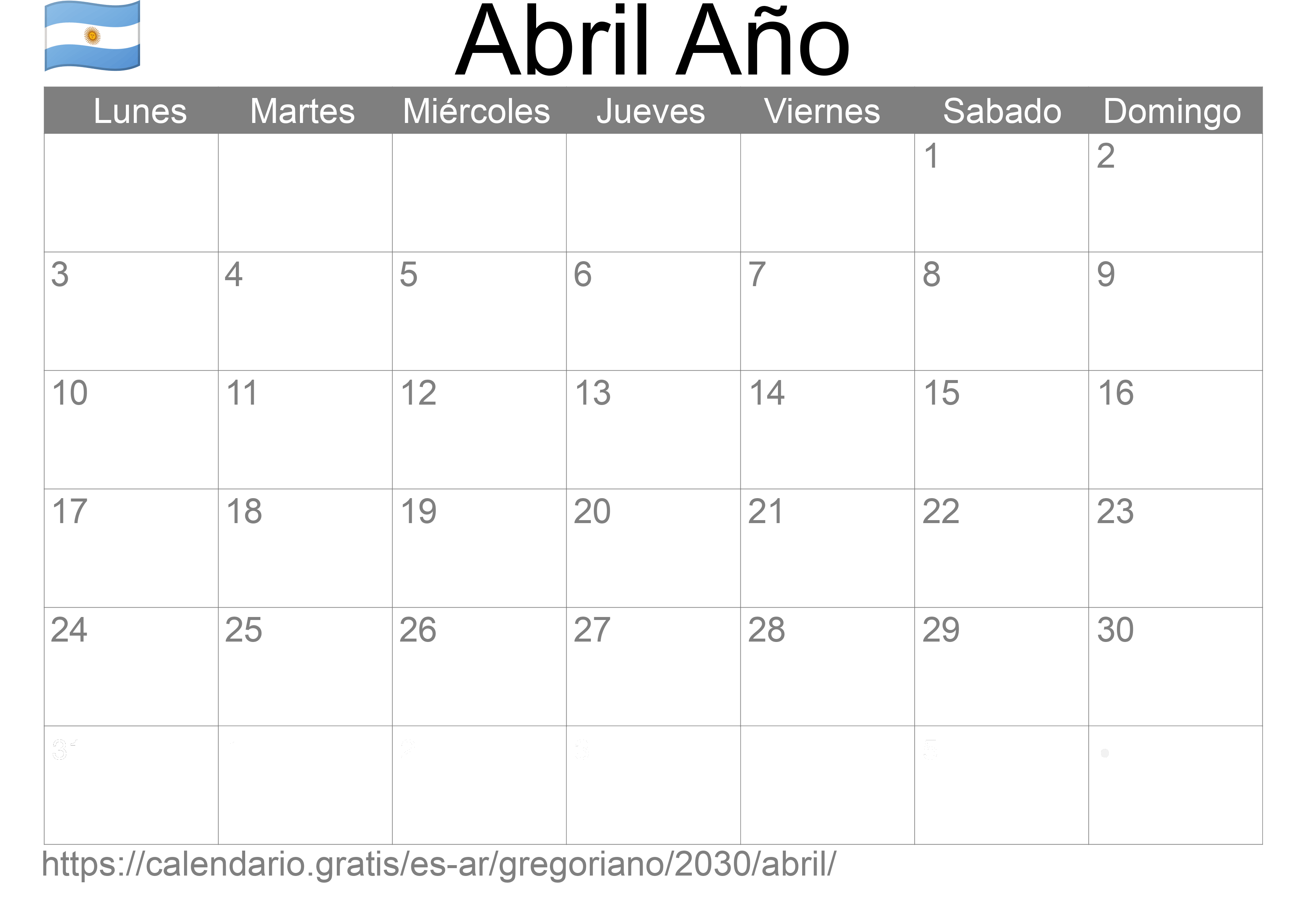 Calendario Abril 2030 para imprimir