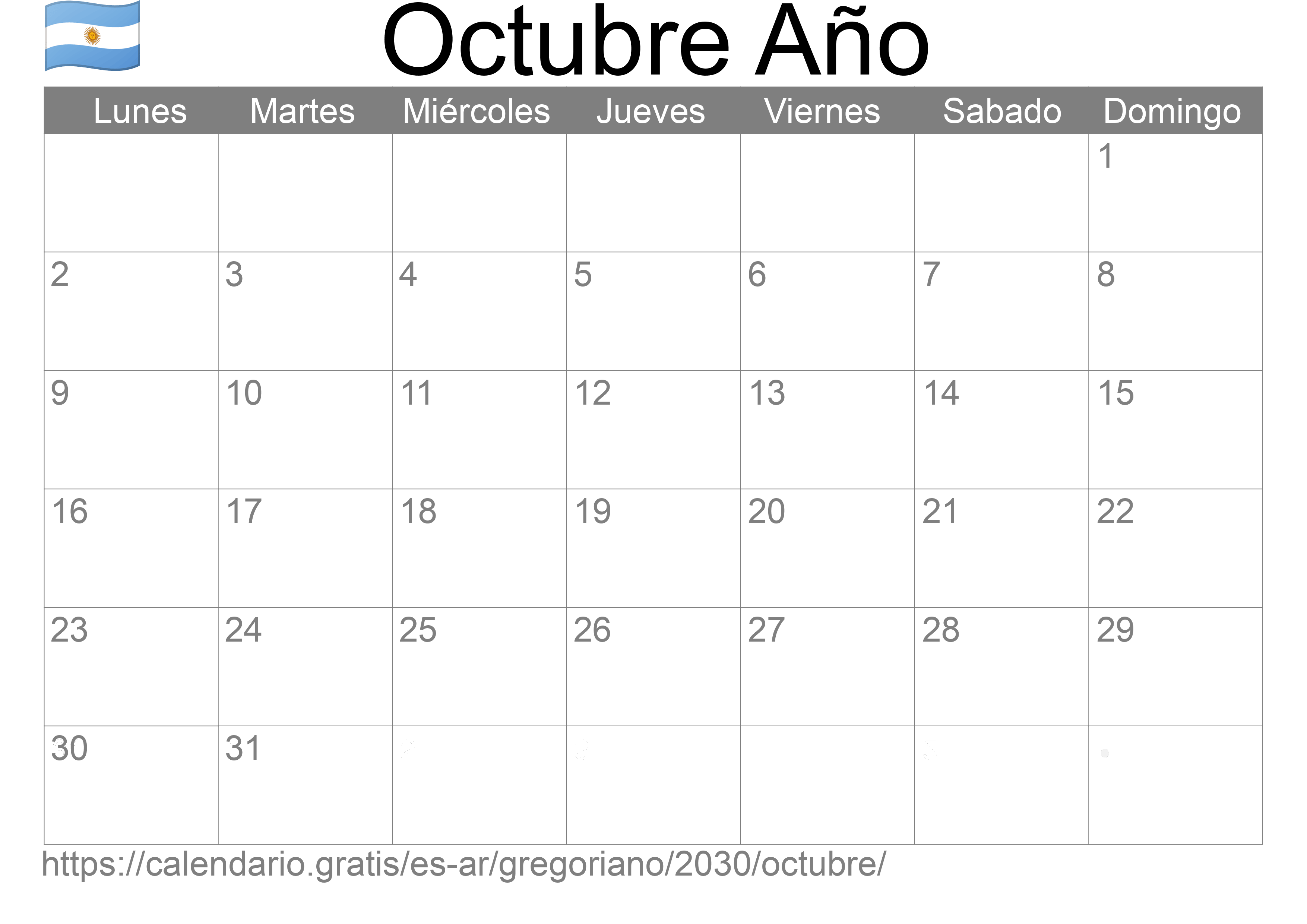 Calendario Octubre 2030 para imprimir