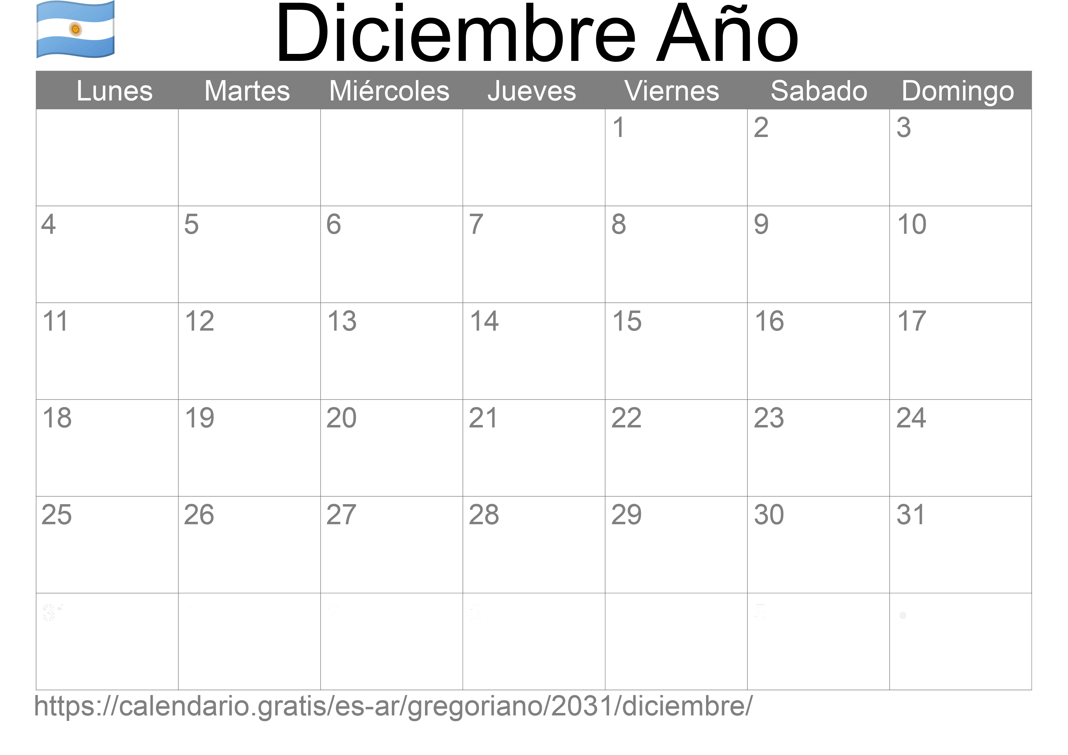 Calendario Diciembre 2031 para imprimir