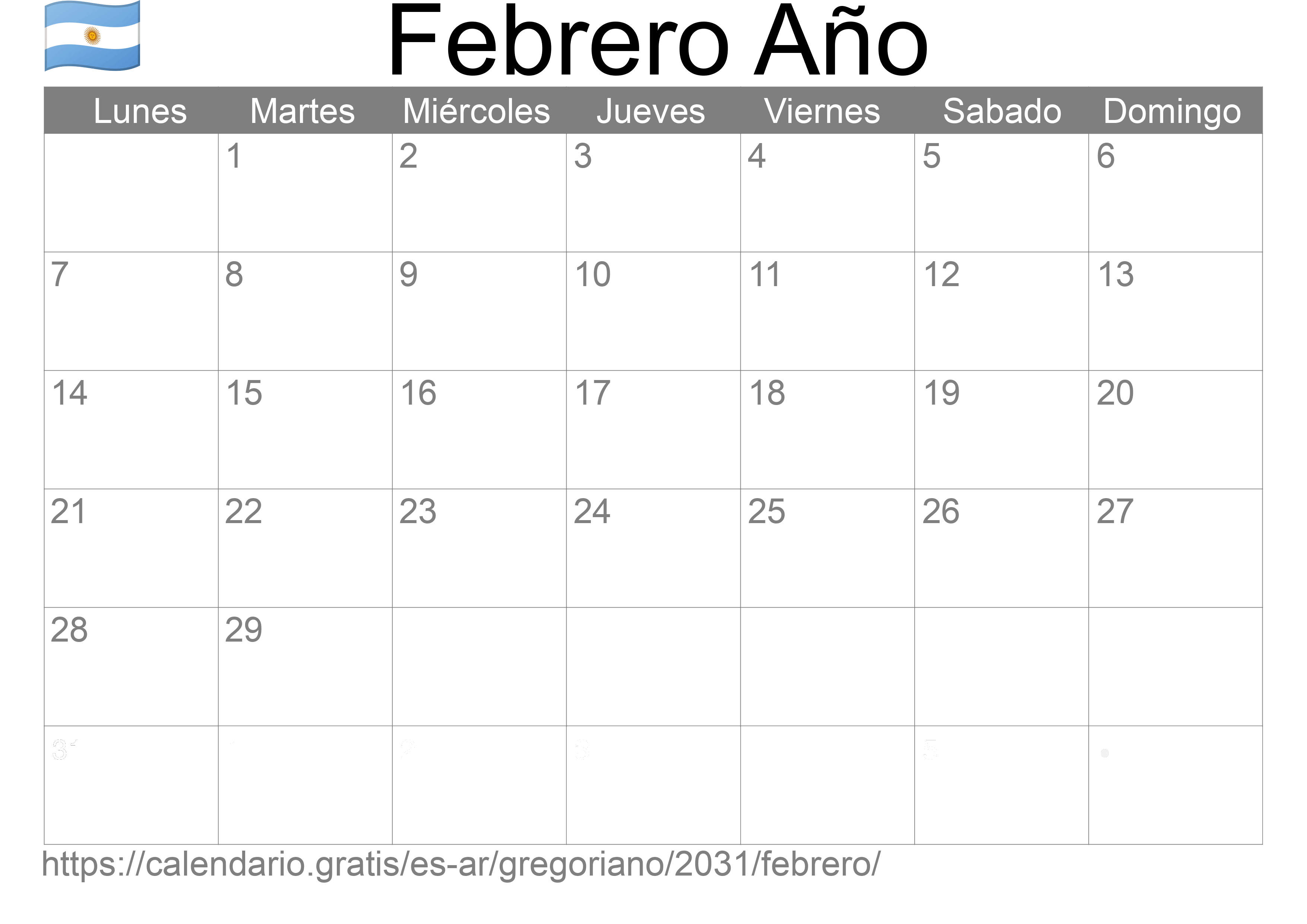 Calendario Febrero 2031 para imprimir