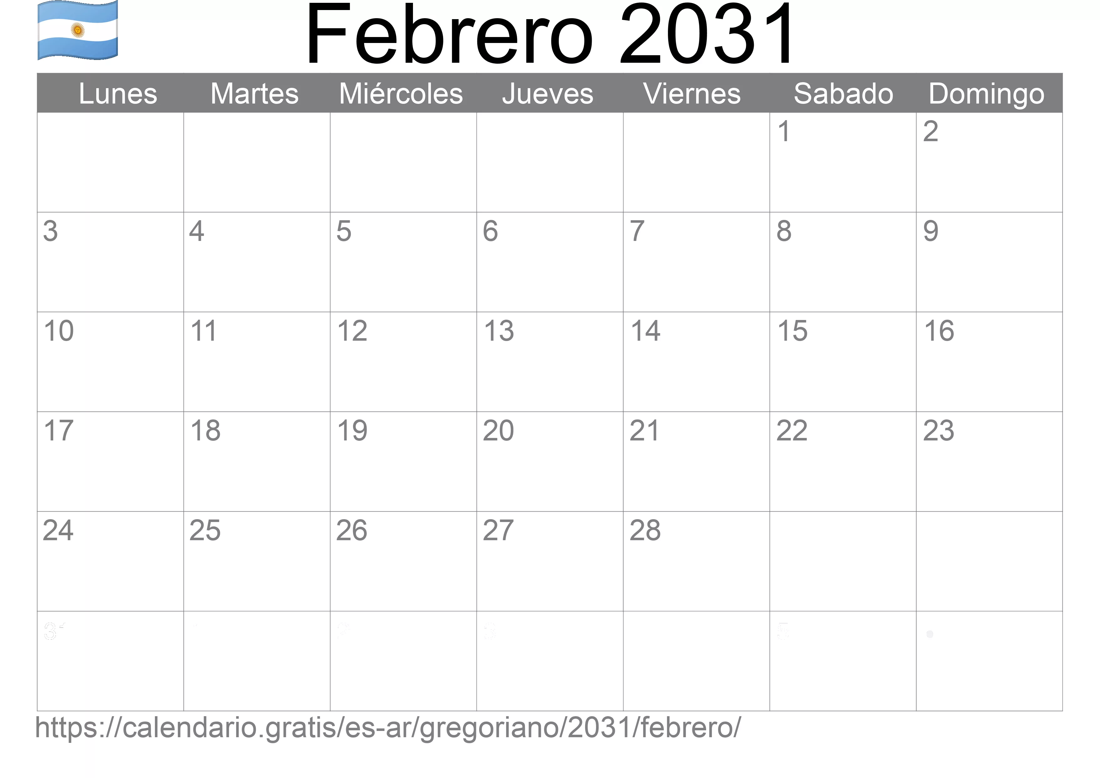 Calendario Febrero 2031 para imprimir (Argentina) Calendario Febrero 2031 para imprimir (Argentina)