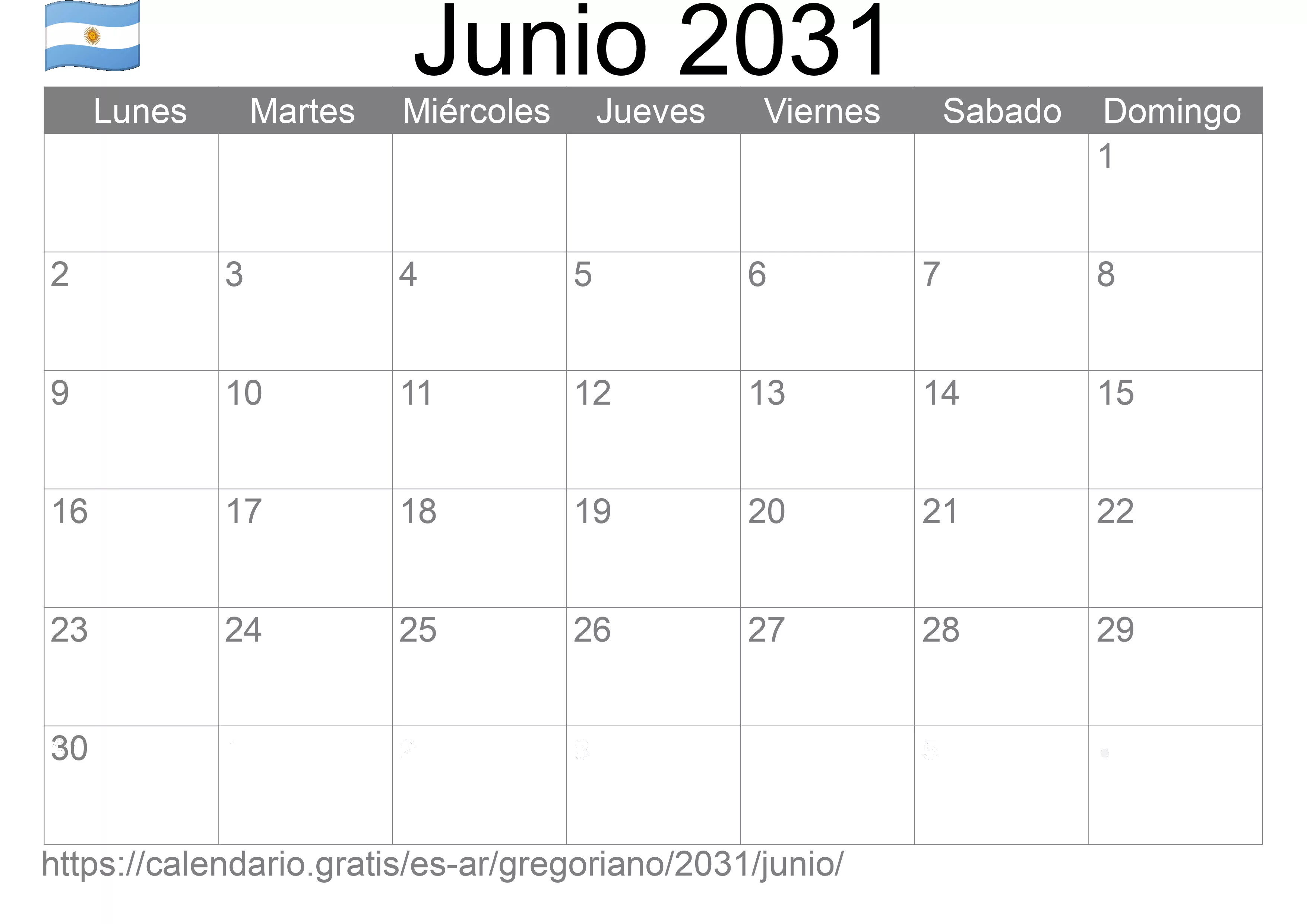 Calendario Junio 2031 para imprimir (Argentina)