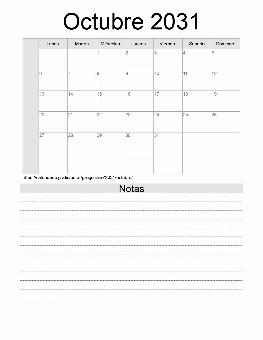 Calendario Octubre 2031 para imprimir con notas. (Argentina) Calendario Octubre 2031 para imprimir con notas. (Argentina)