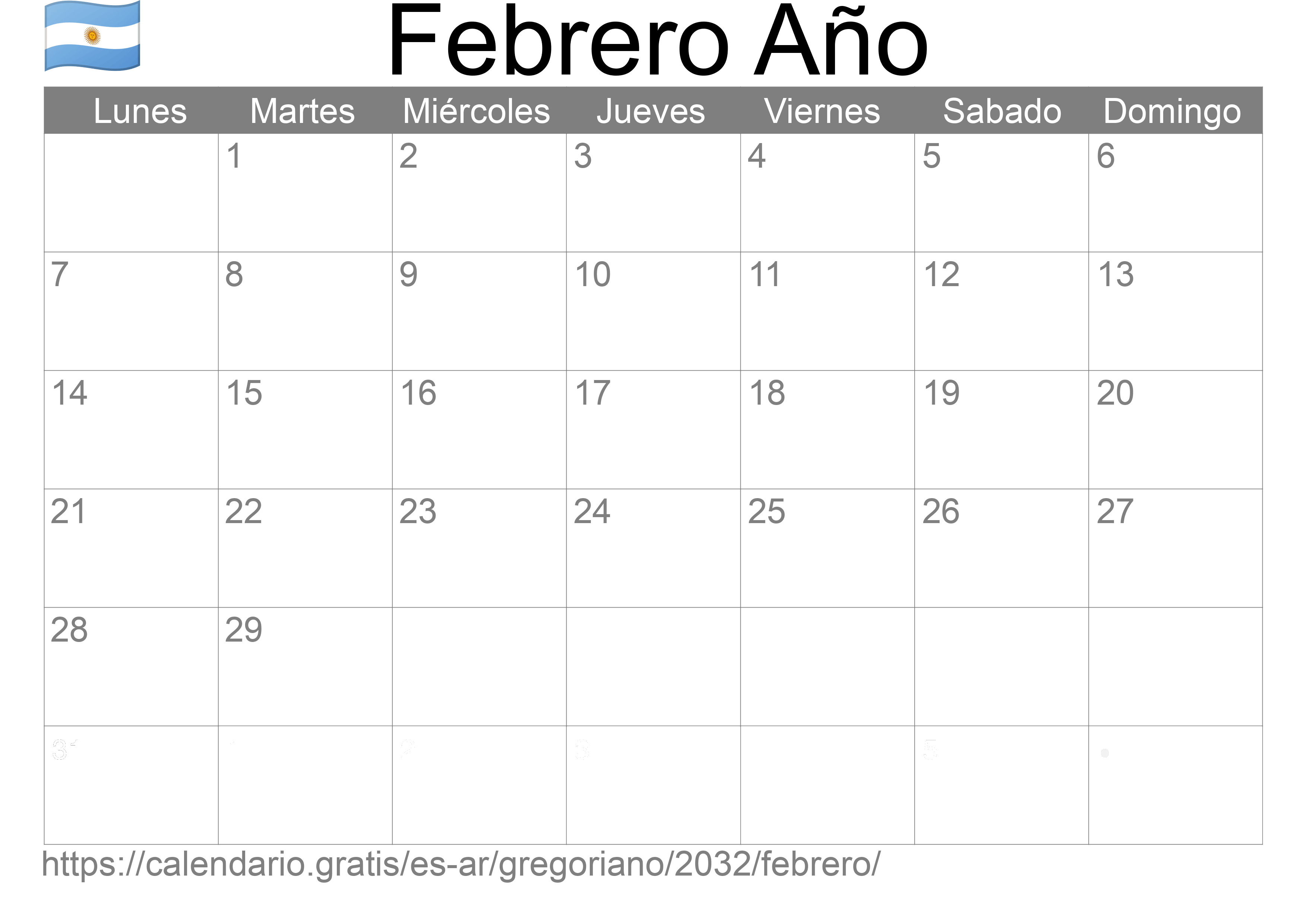 Calendario Febrero 2032 para imprimir