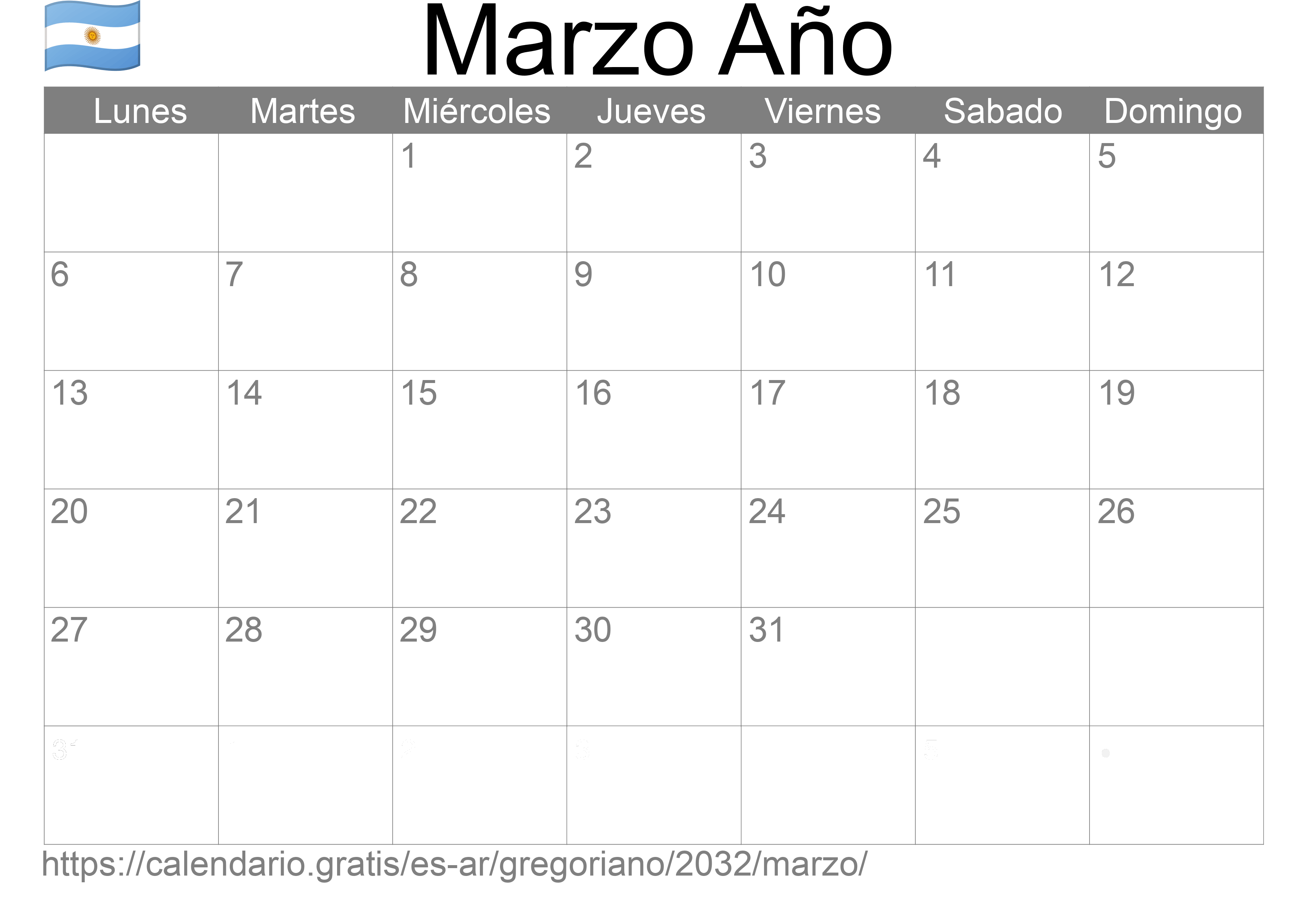 Calendario Marzo 2032 para imprimir