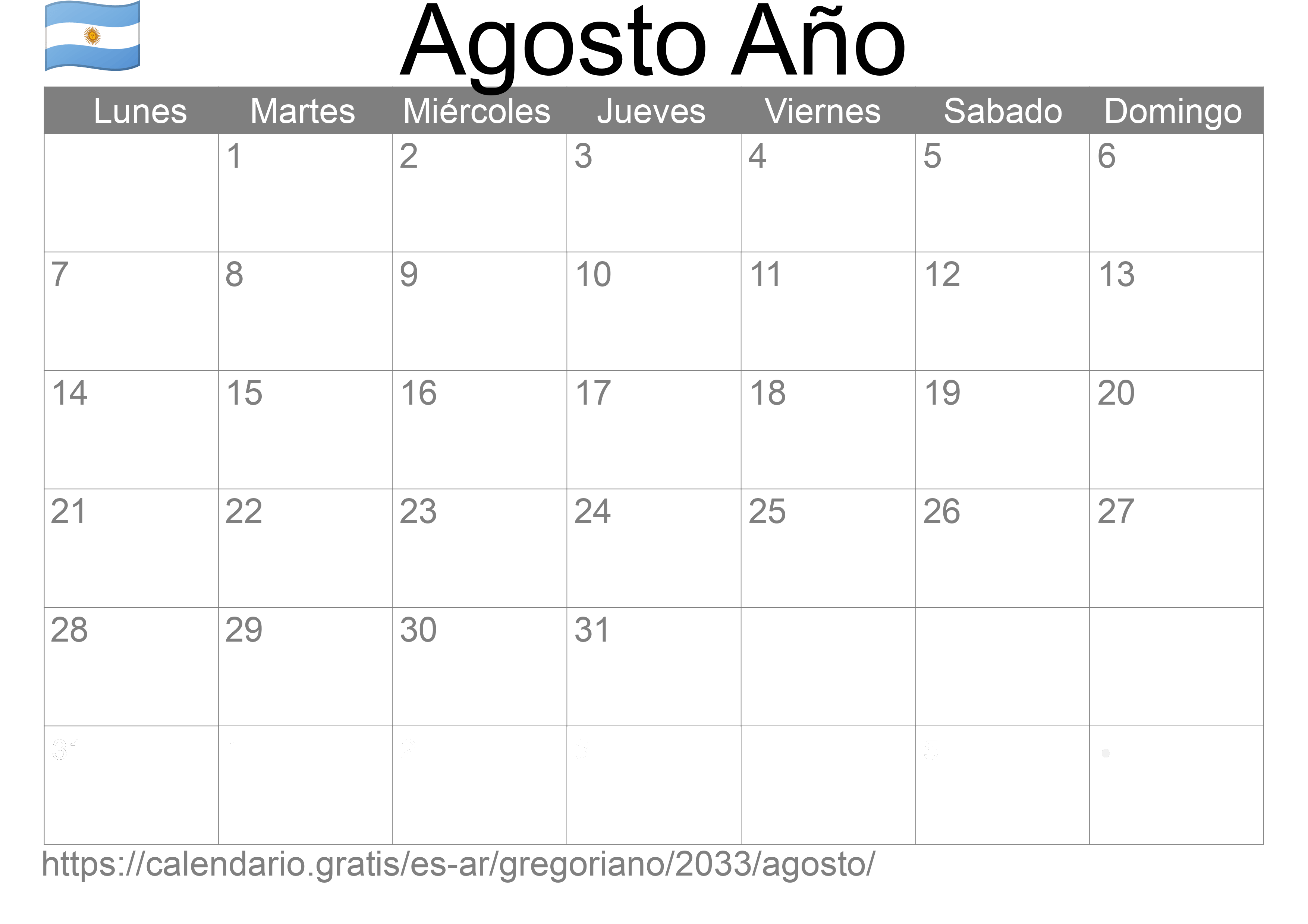 Calendario Agosto 2033 para imprimir