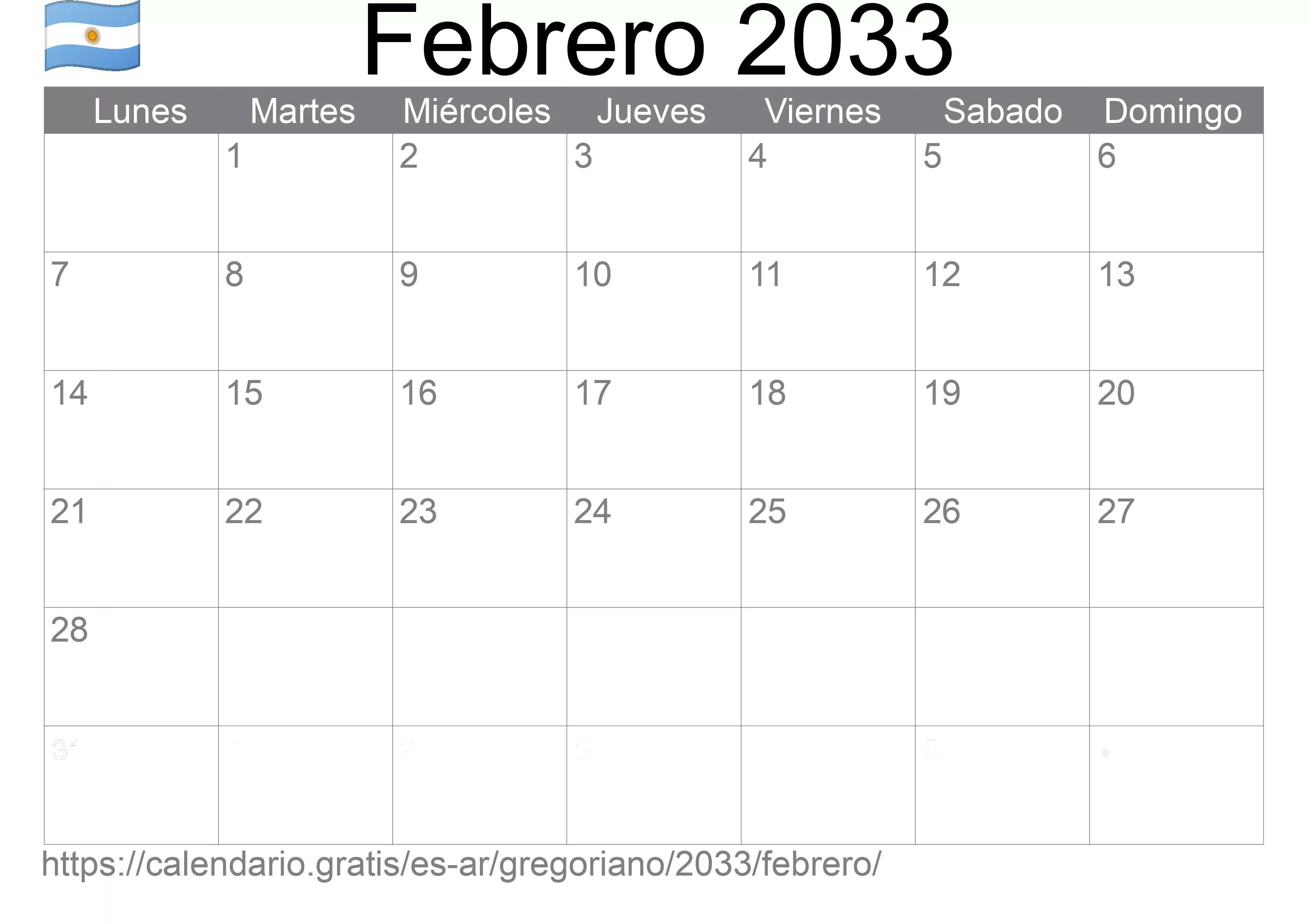Calendario Febrero 2033 para imprimir (Argentina)