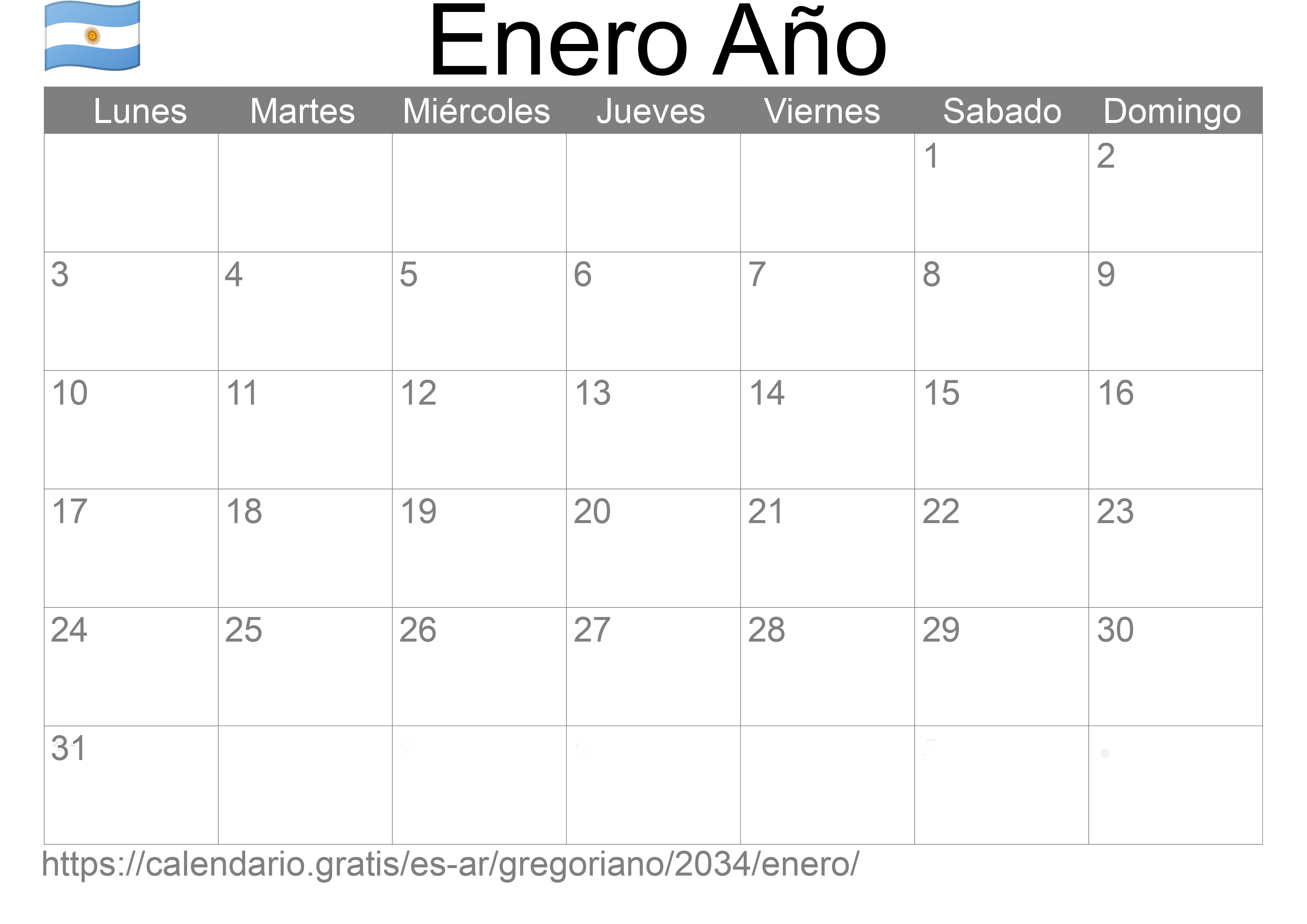 Calendario Enero 2034 para imprimir