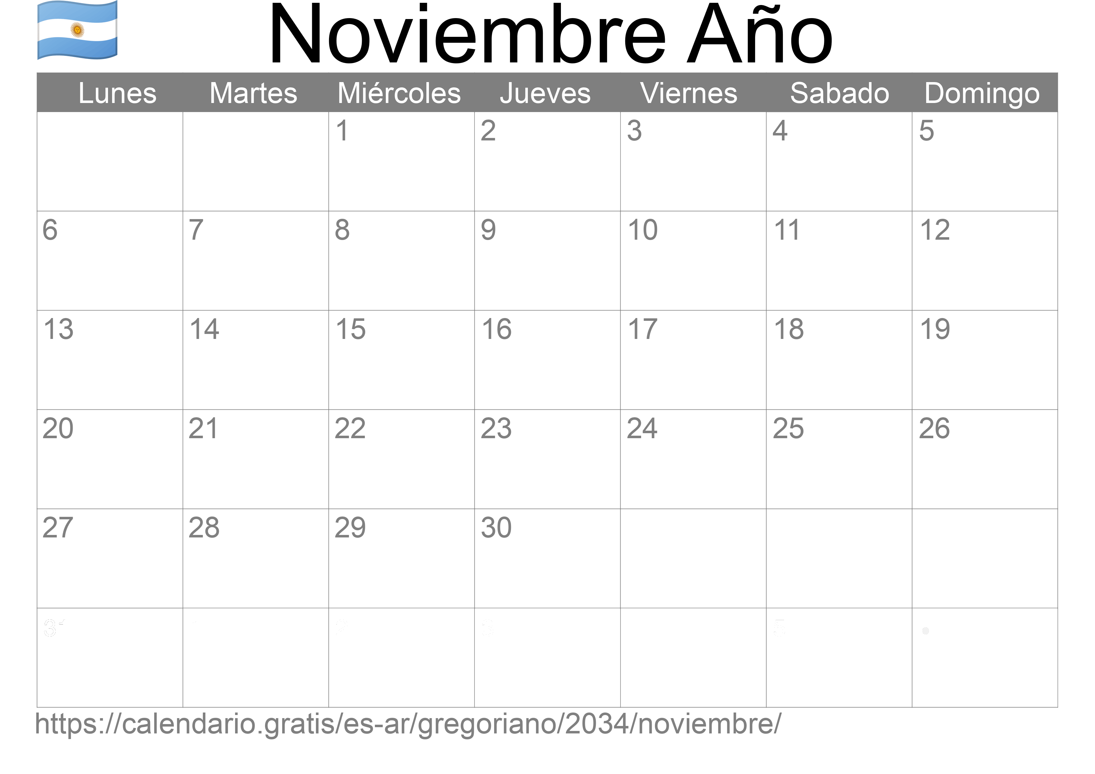 Calendario Noviembre 2034 para imprimir