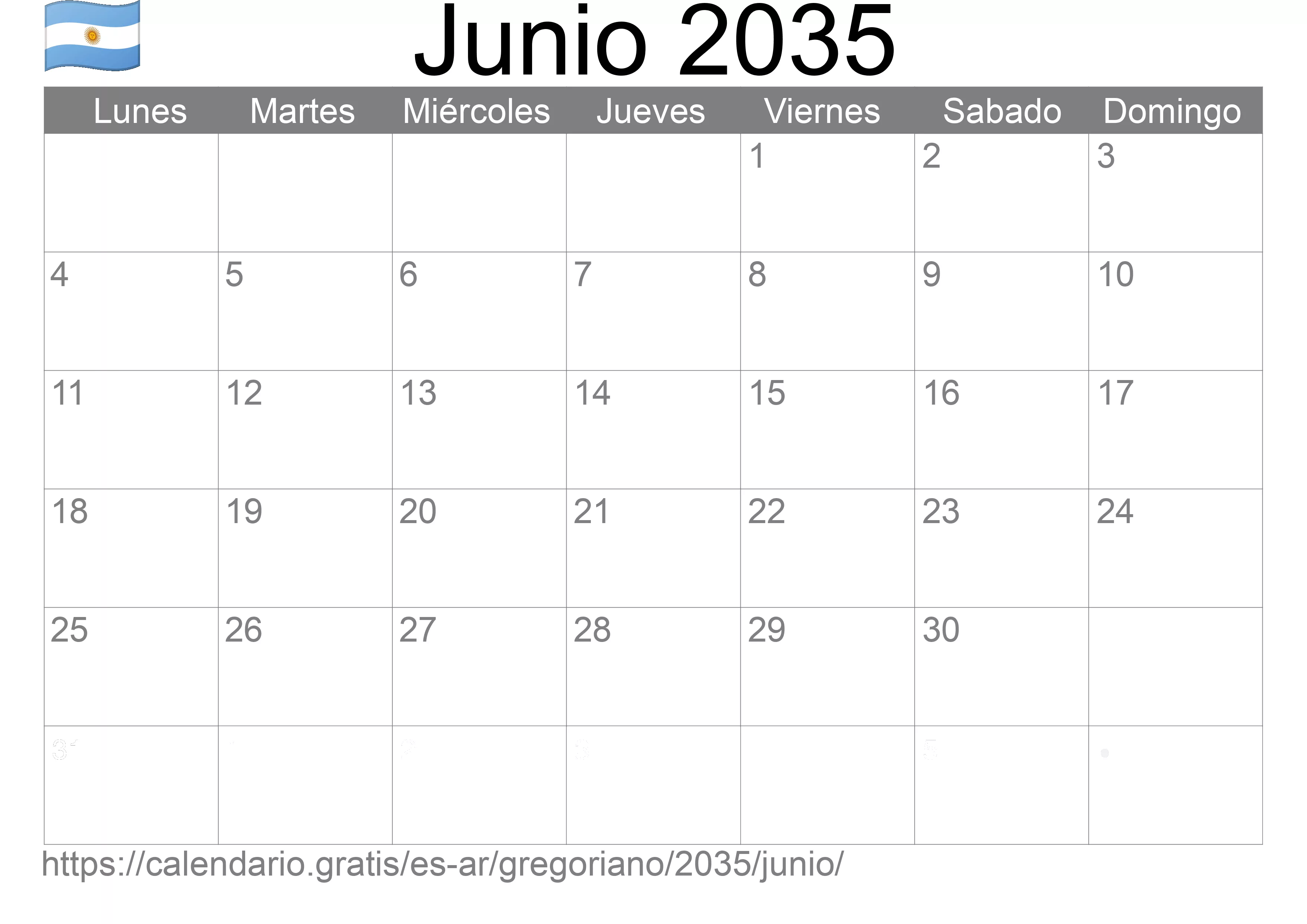 Calendario Junio 2035 para imprimir (Argentina)