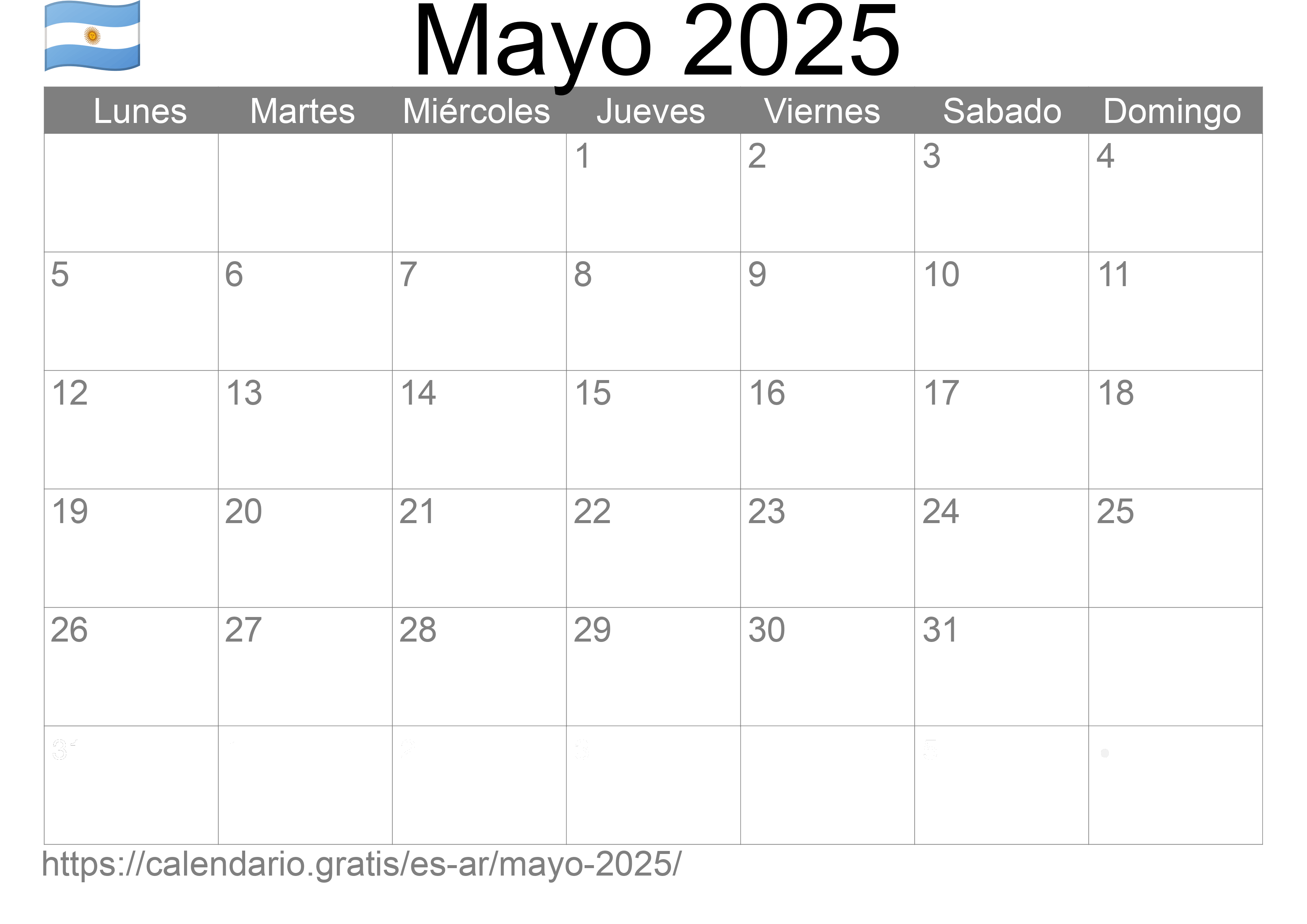 Calendario Mayo 2025 de Argentina en español ☑️ Calendario.Gratis