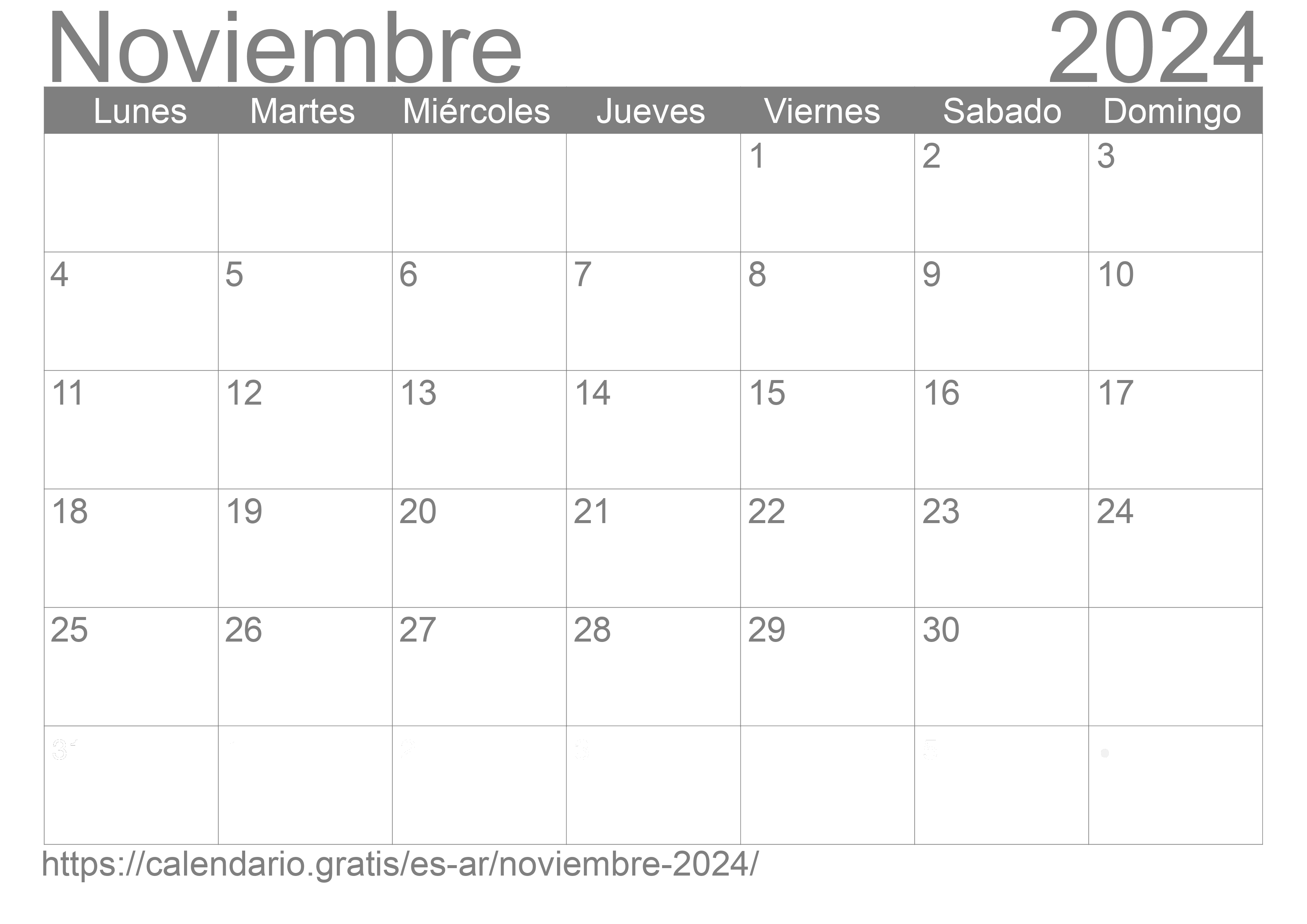 Calendario Noviembre 2024 de Argentina en español ☑️ Calendario.Gratis