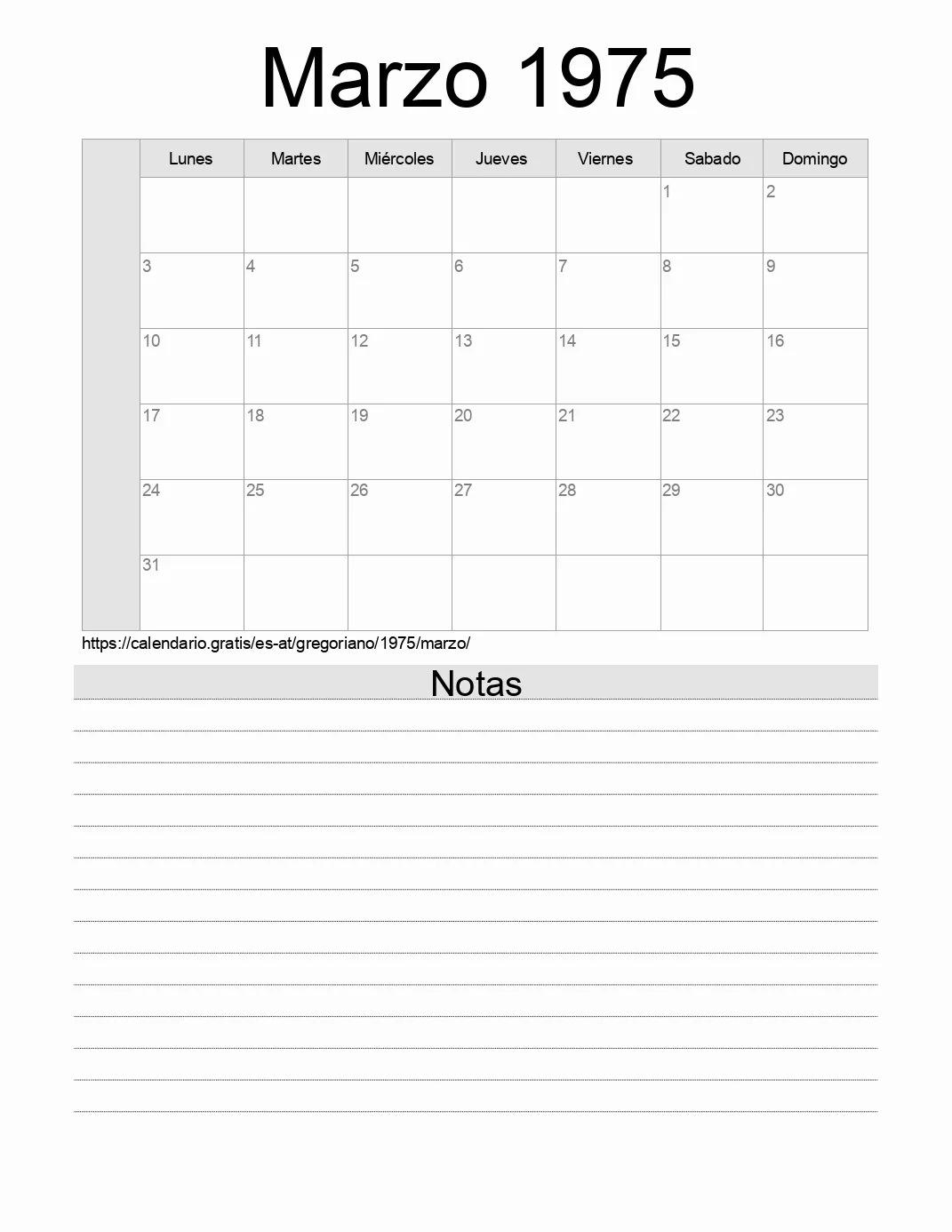 Calendario Marzo 1975 para imprimir con notas. (Austria) Calendario Marzo 1975 para imprimir con notas. (Austria)