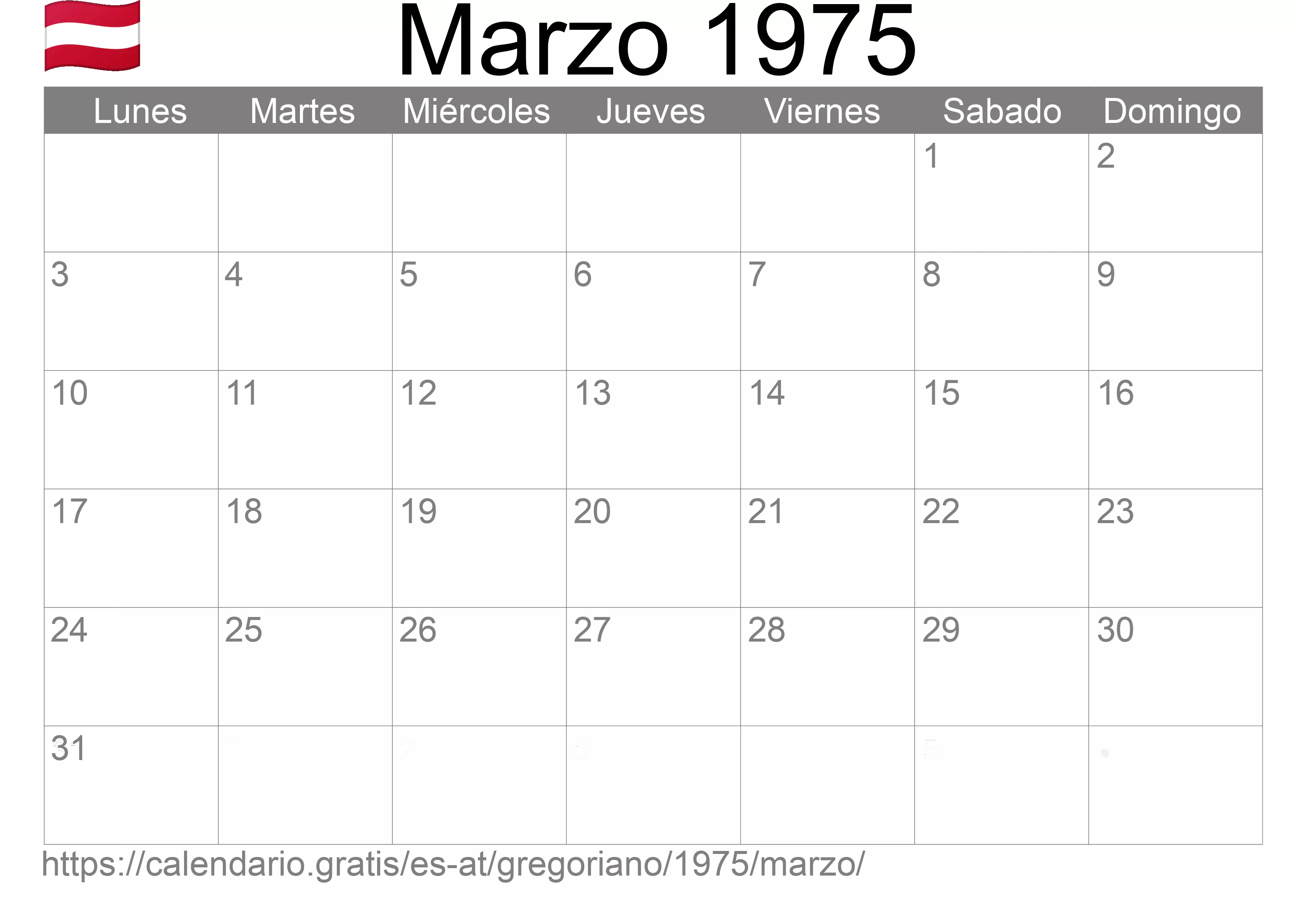 Calendario Marzo 1975 para imprimir (Austria) Calendario Marzo 1975 para imprimir (Austria)