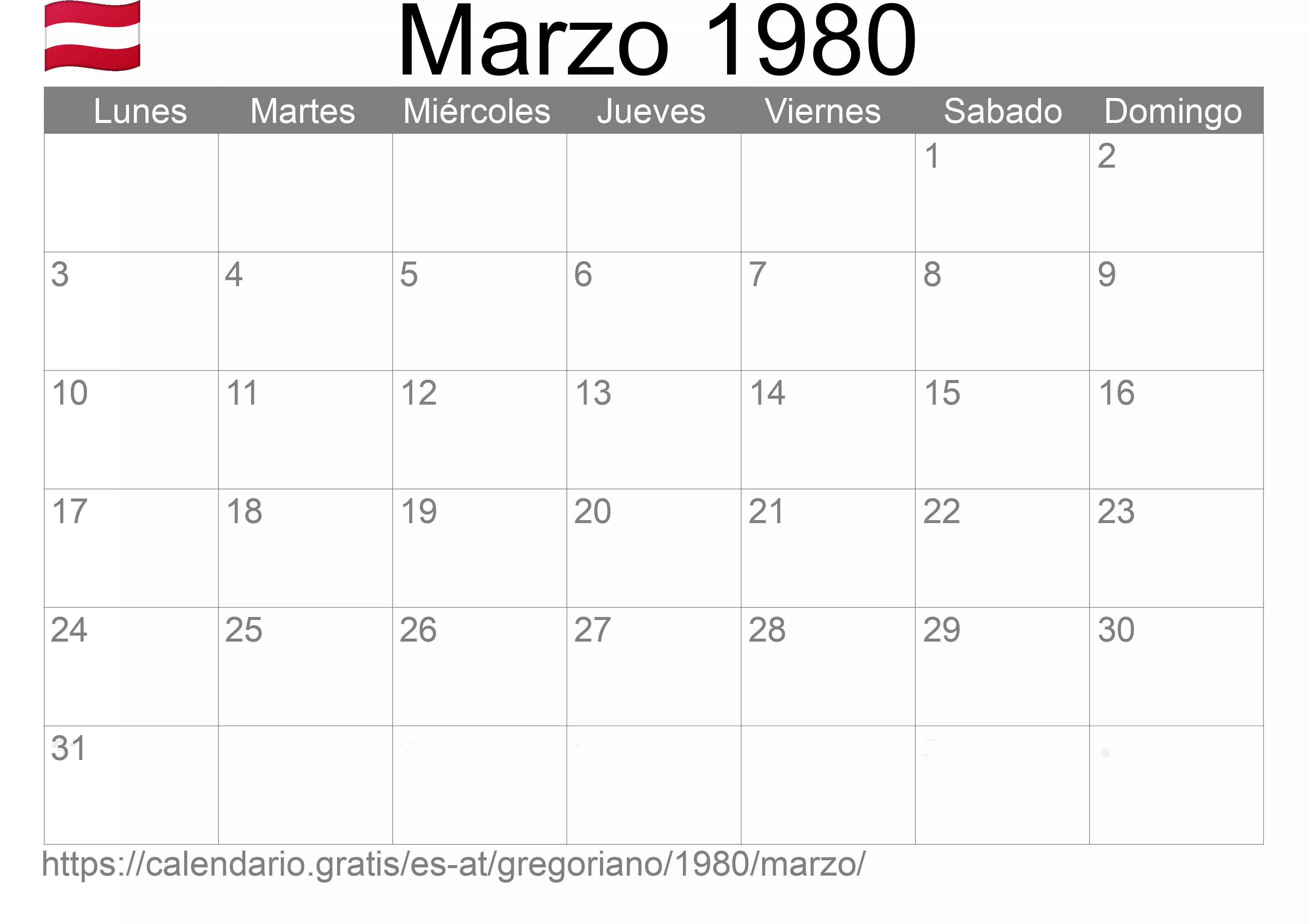 Calendario Marzo 1980 para imprimir (Austria) Calendario Marzo 1980 para imprimir (Austria)