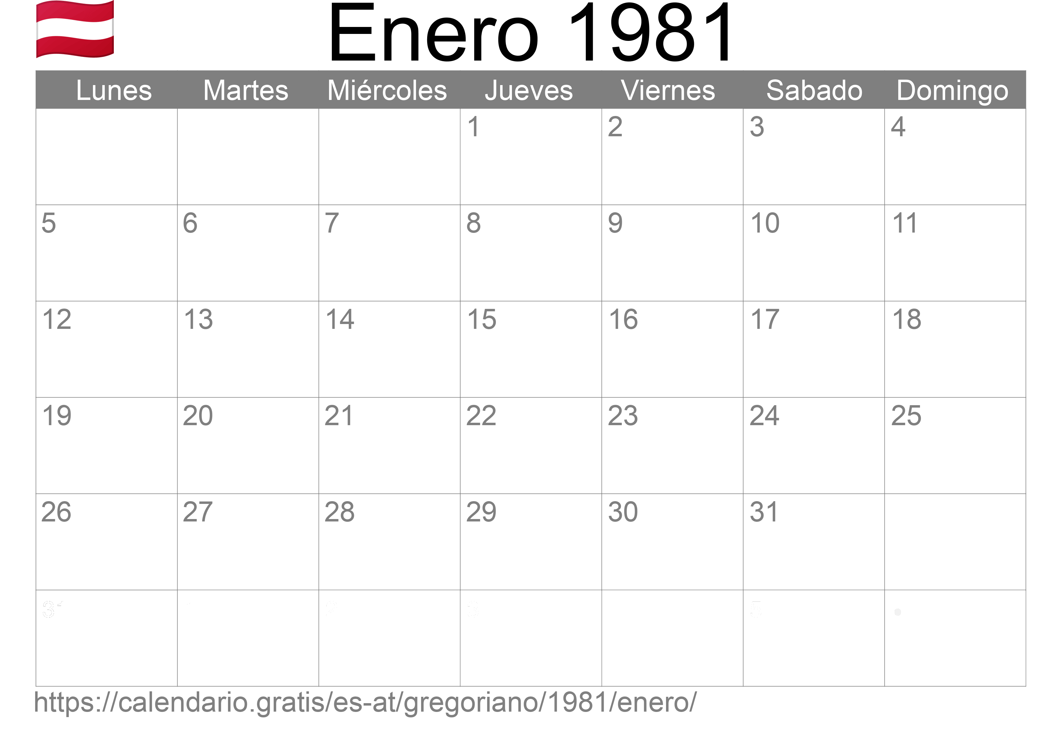 Calendario Enero 1981 para imprimir