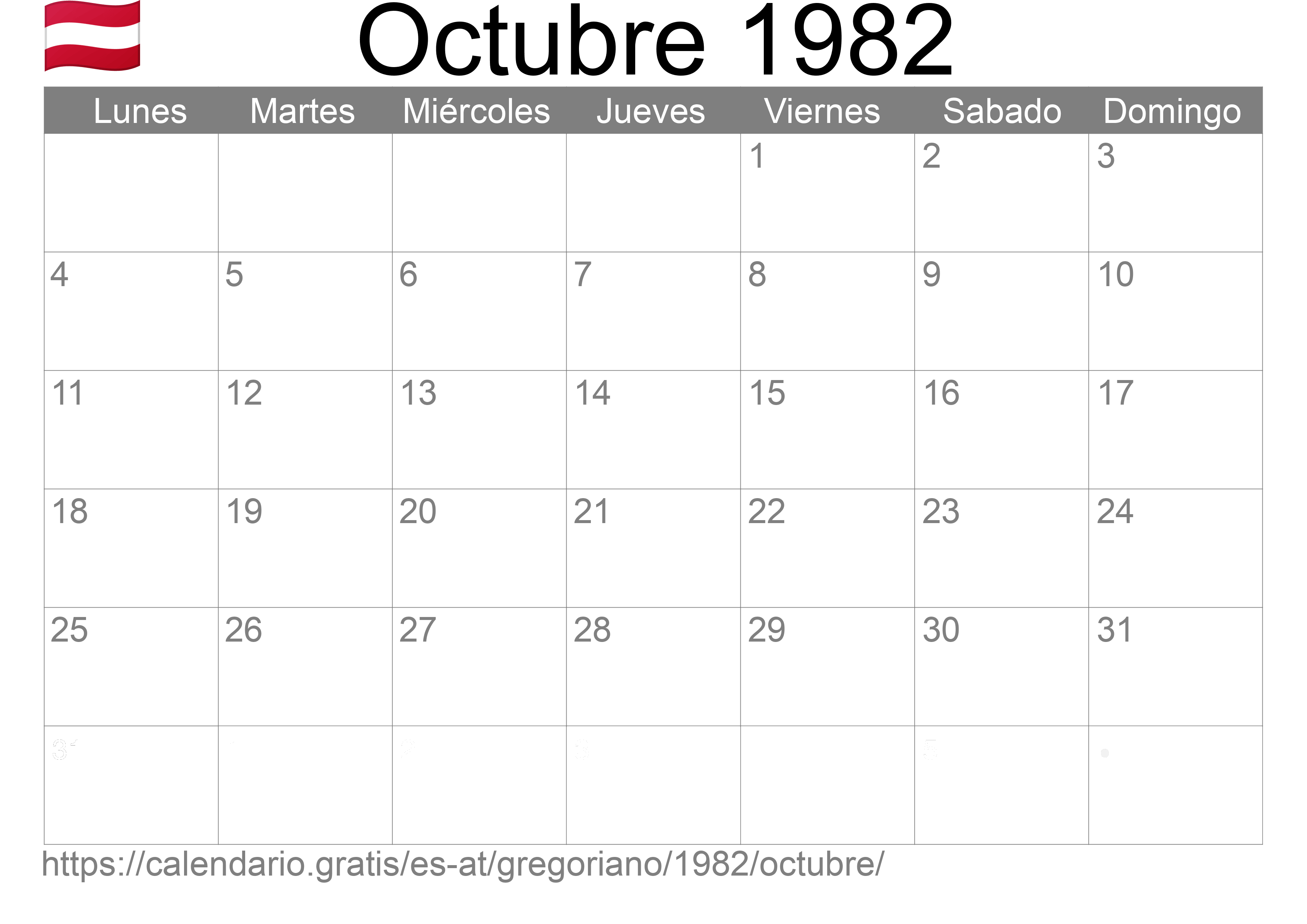 Calendario Octubre 1982 para imprimir