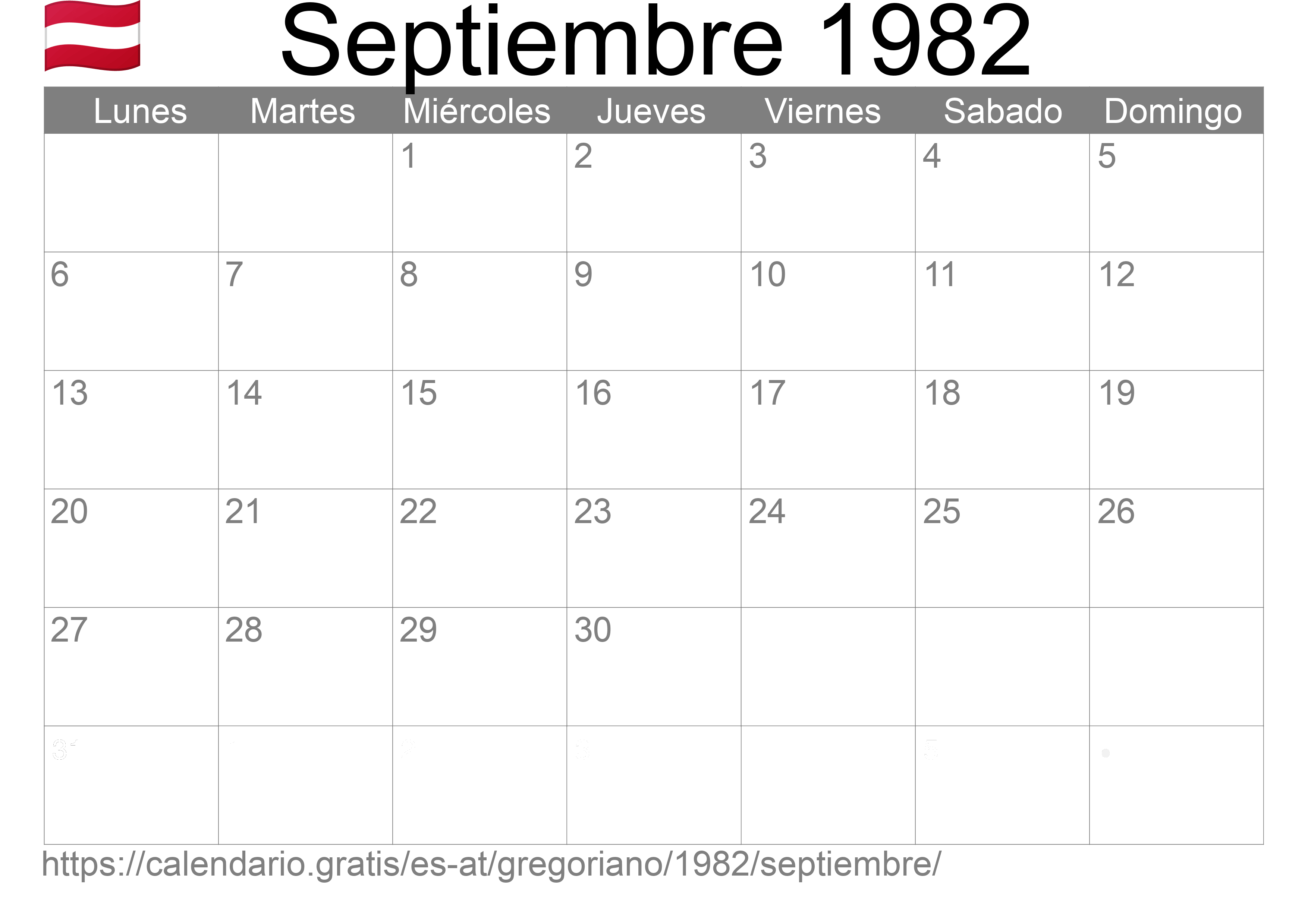 Calendario Septiembre 1982 para imprimir