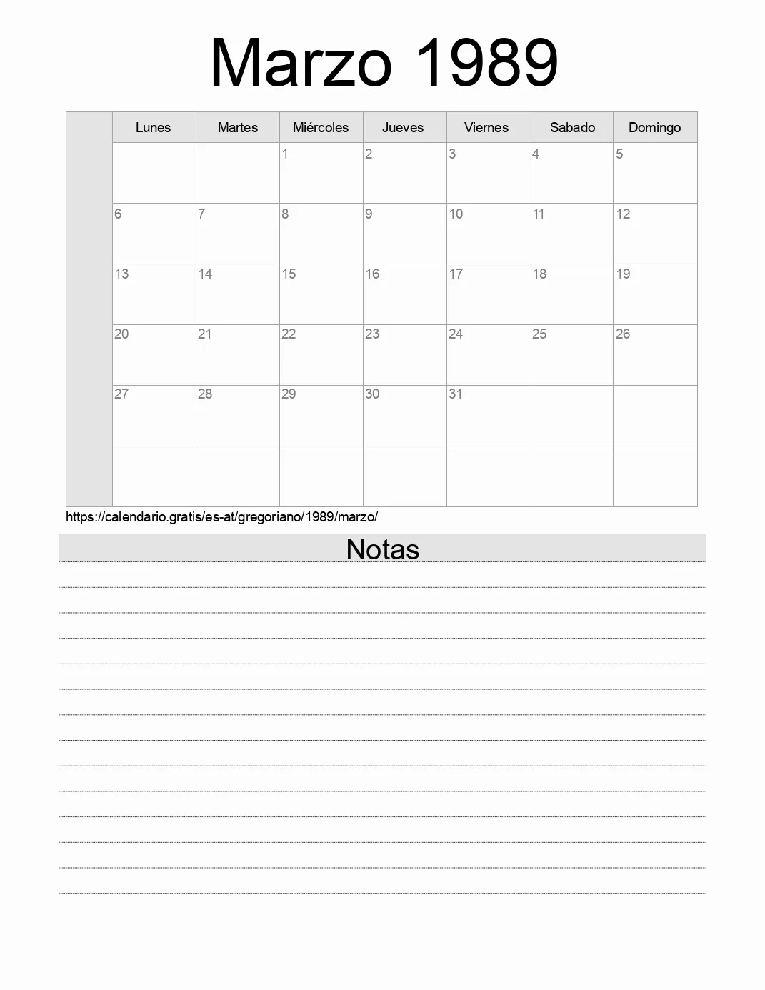 Calendario Marzo 1989 para imprimir con notas. (Austria) Calendario Marzo 1989 para imprimir con notas. (Austria)