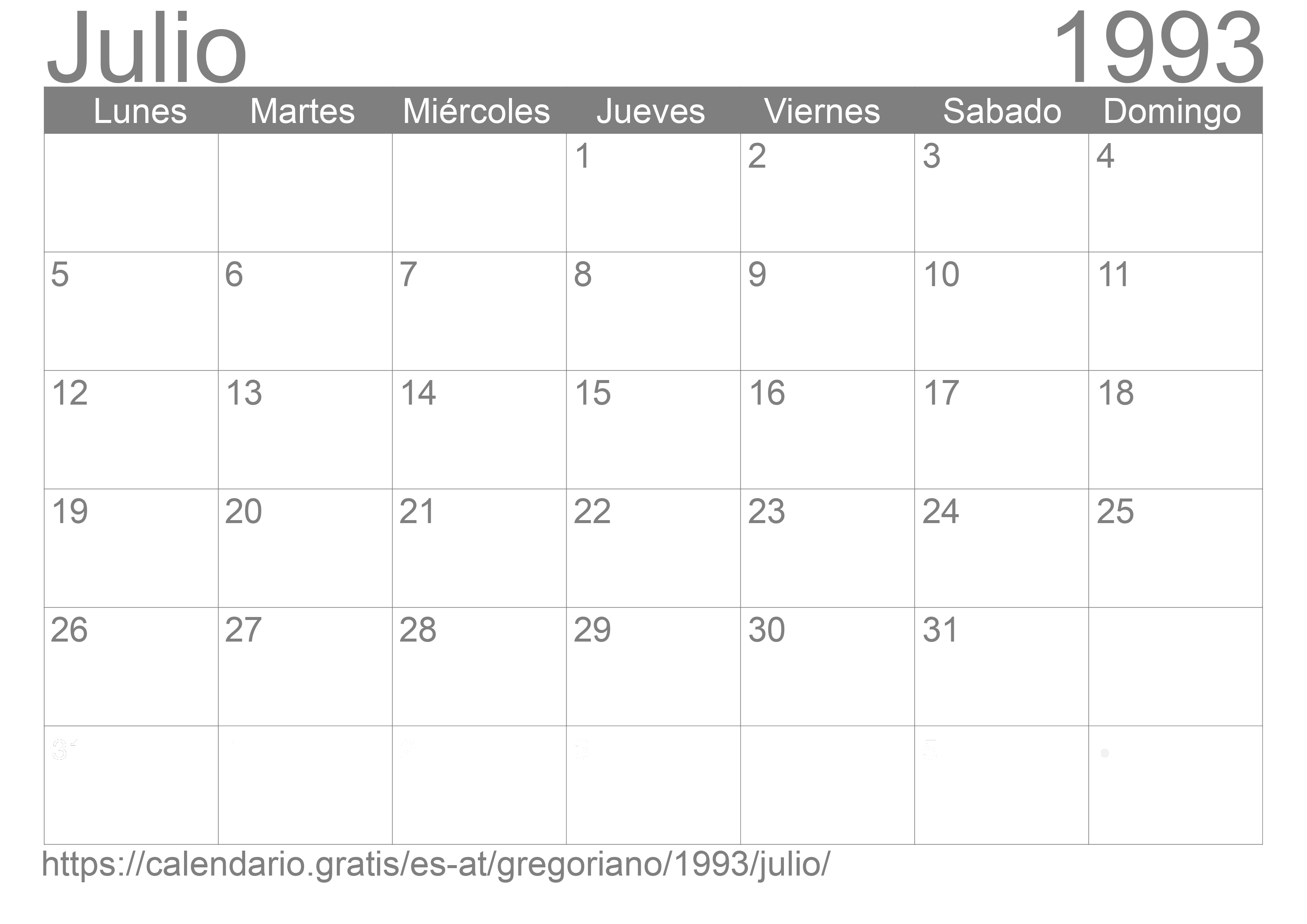 Calendario Julio 1993 para imprimir