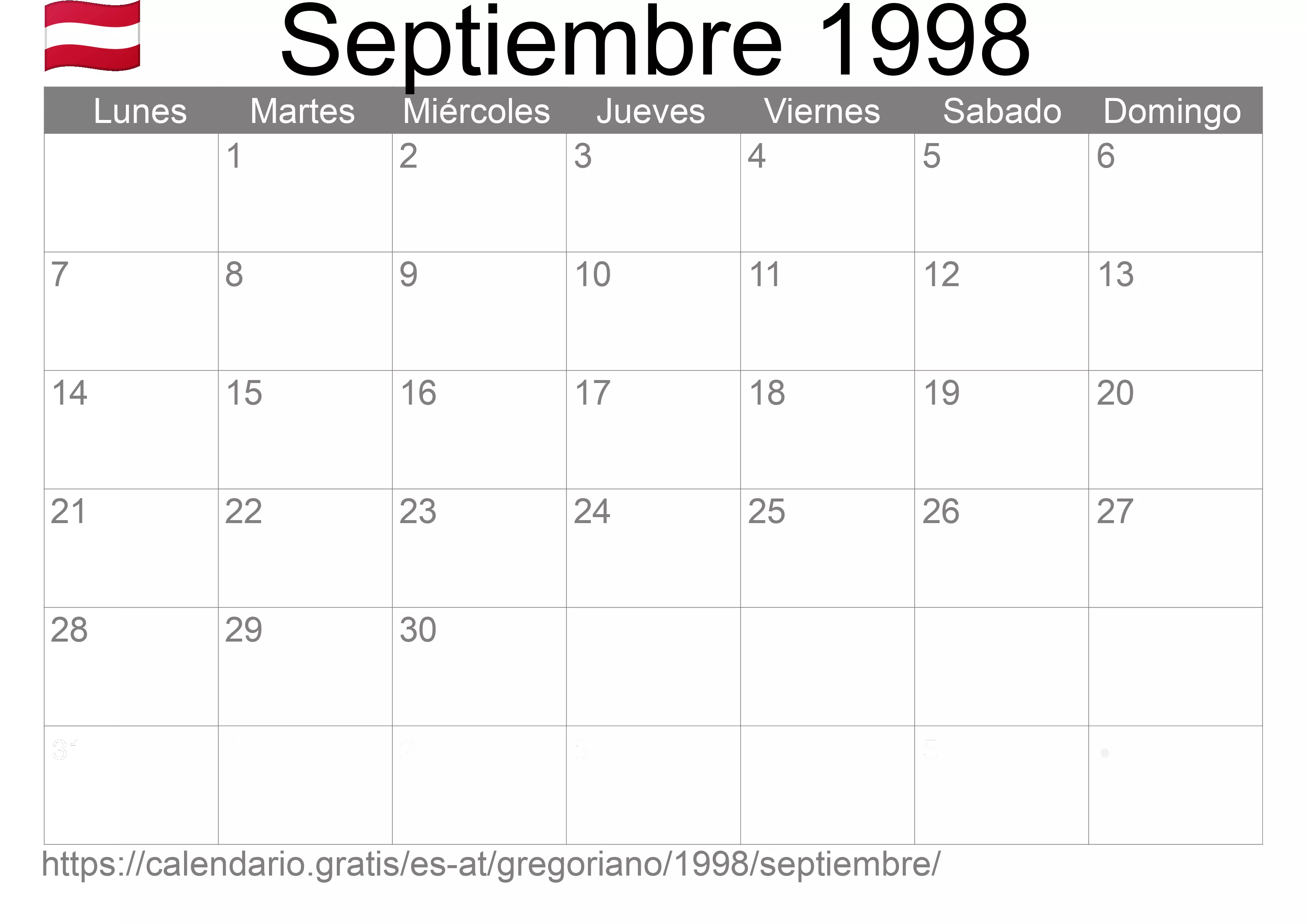 Calendario Septiembre 1998 para imprimir (Austria)