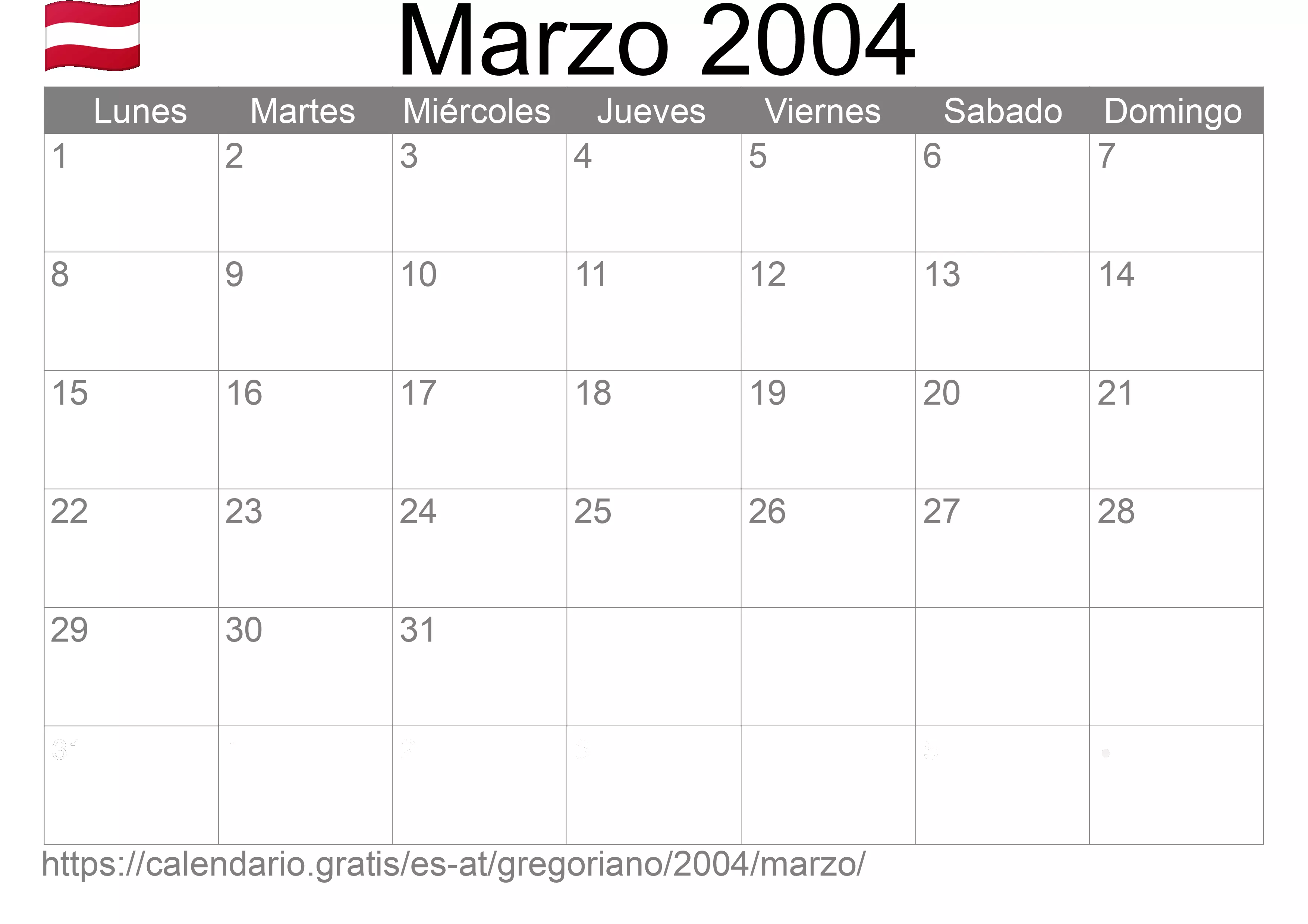 Calendario Marzo 2004 para imprimir (Austria)