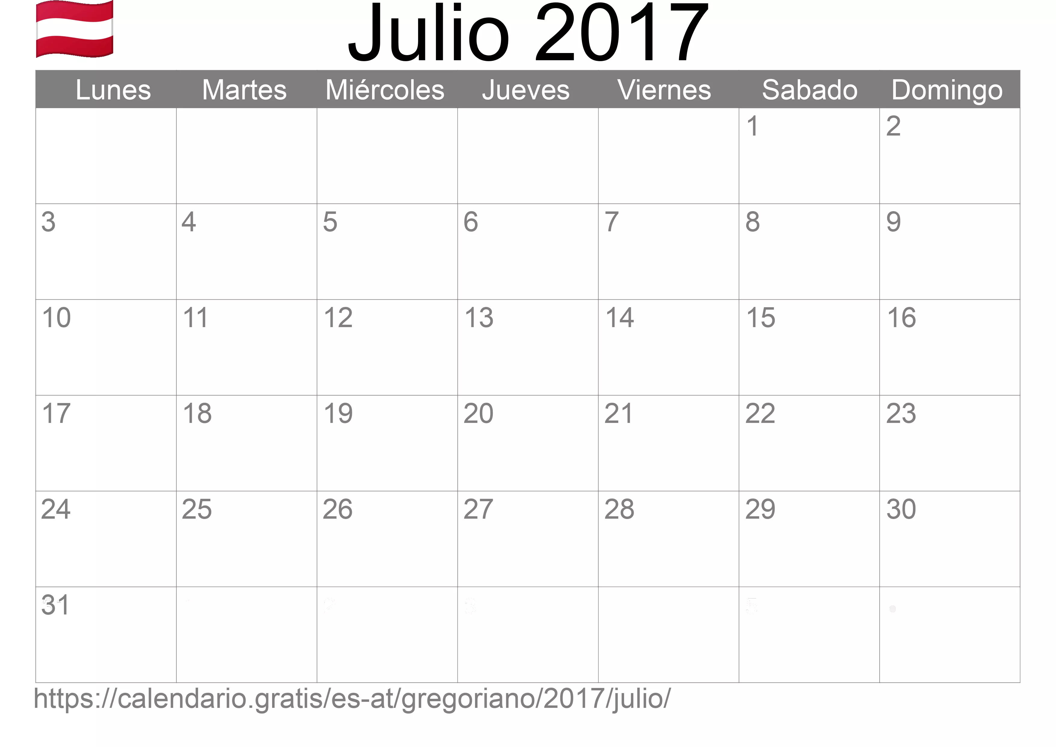 Calendario Julio 2017 para imprimir (Austria) Calendario Julio 2017 para imprimir (Austria)