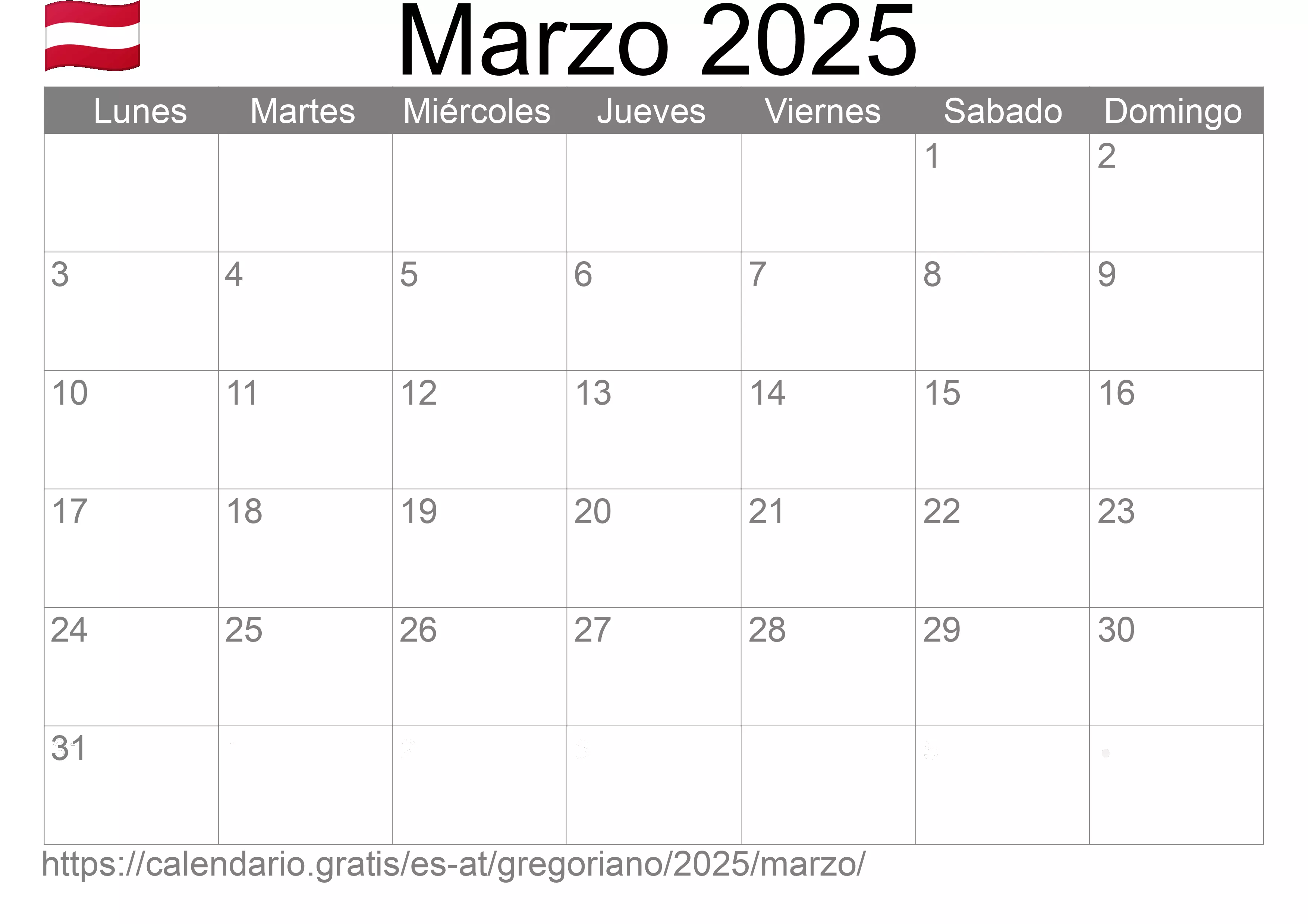 Calendario Marzo 2025 para imprimir (Austria)