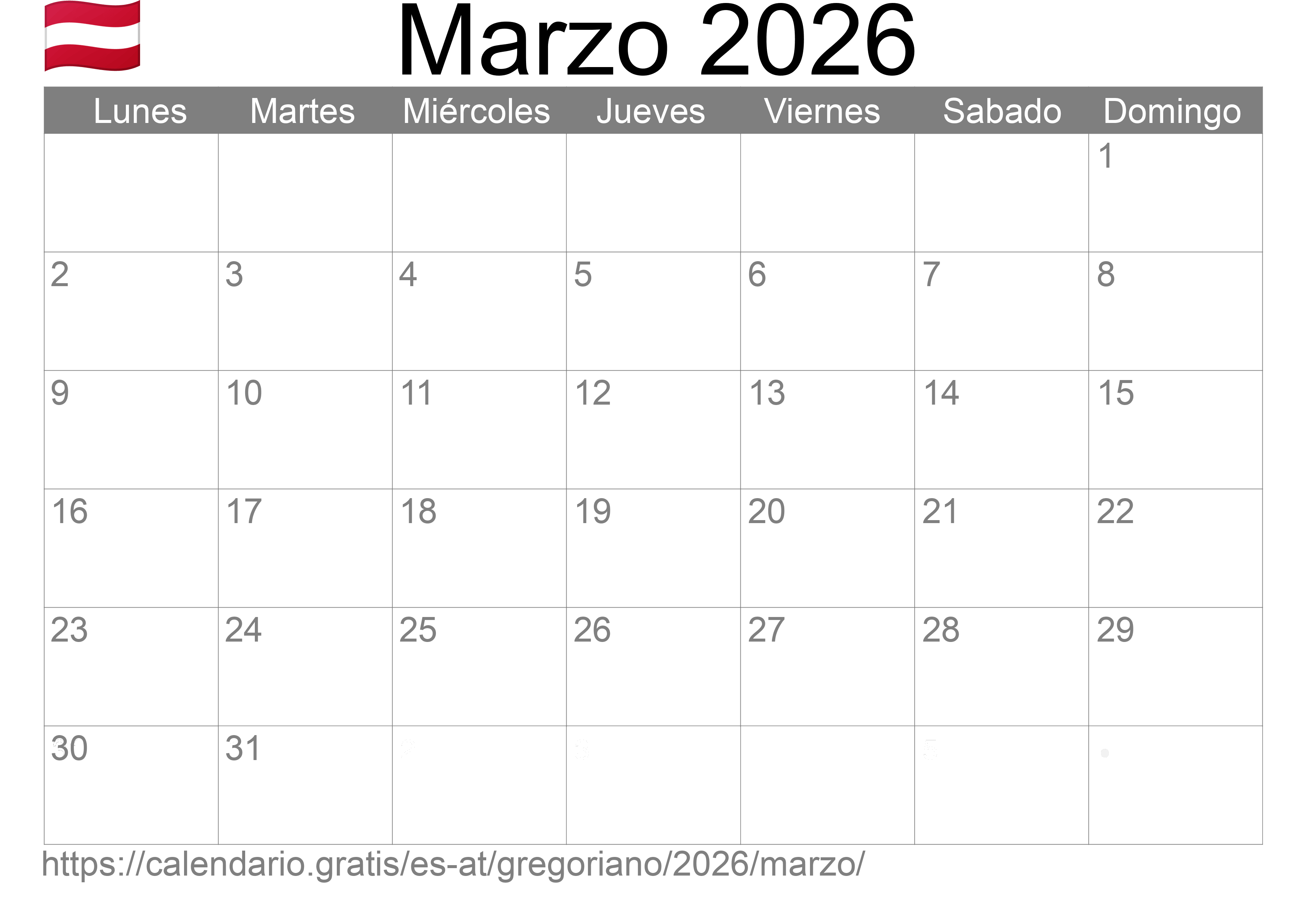 Calendario Marzo 2026 para imprimir