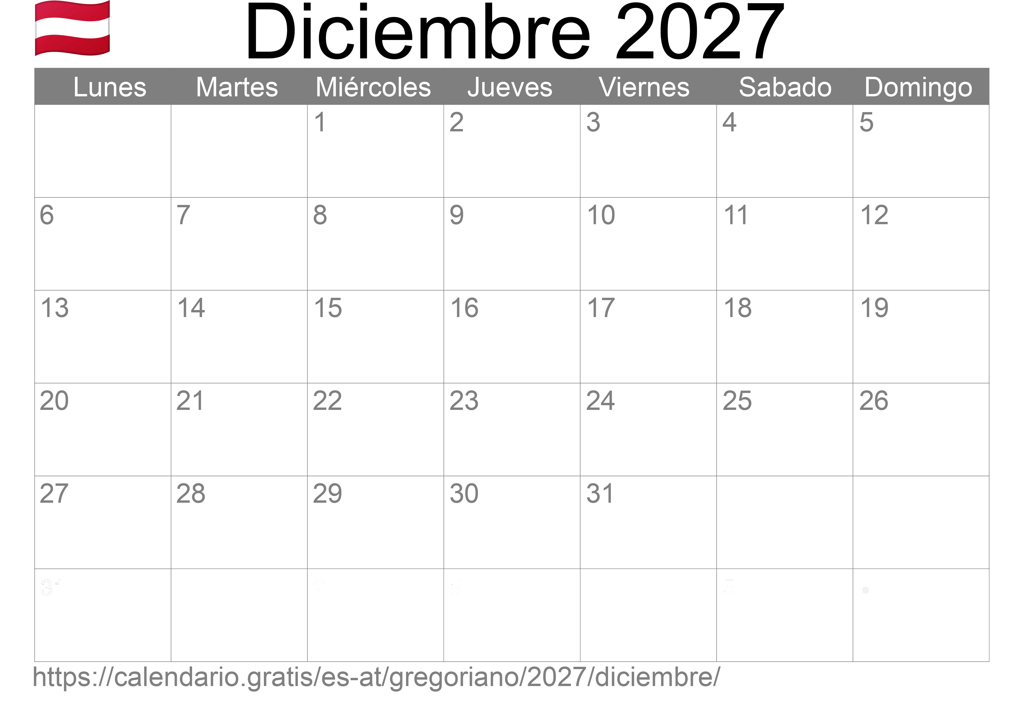 Calendario Diciembre 2027 para imprimir