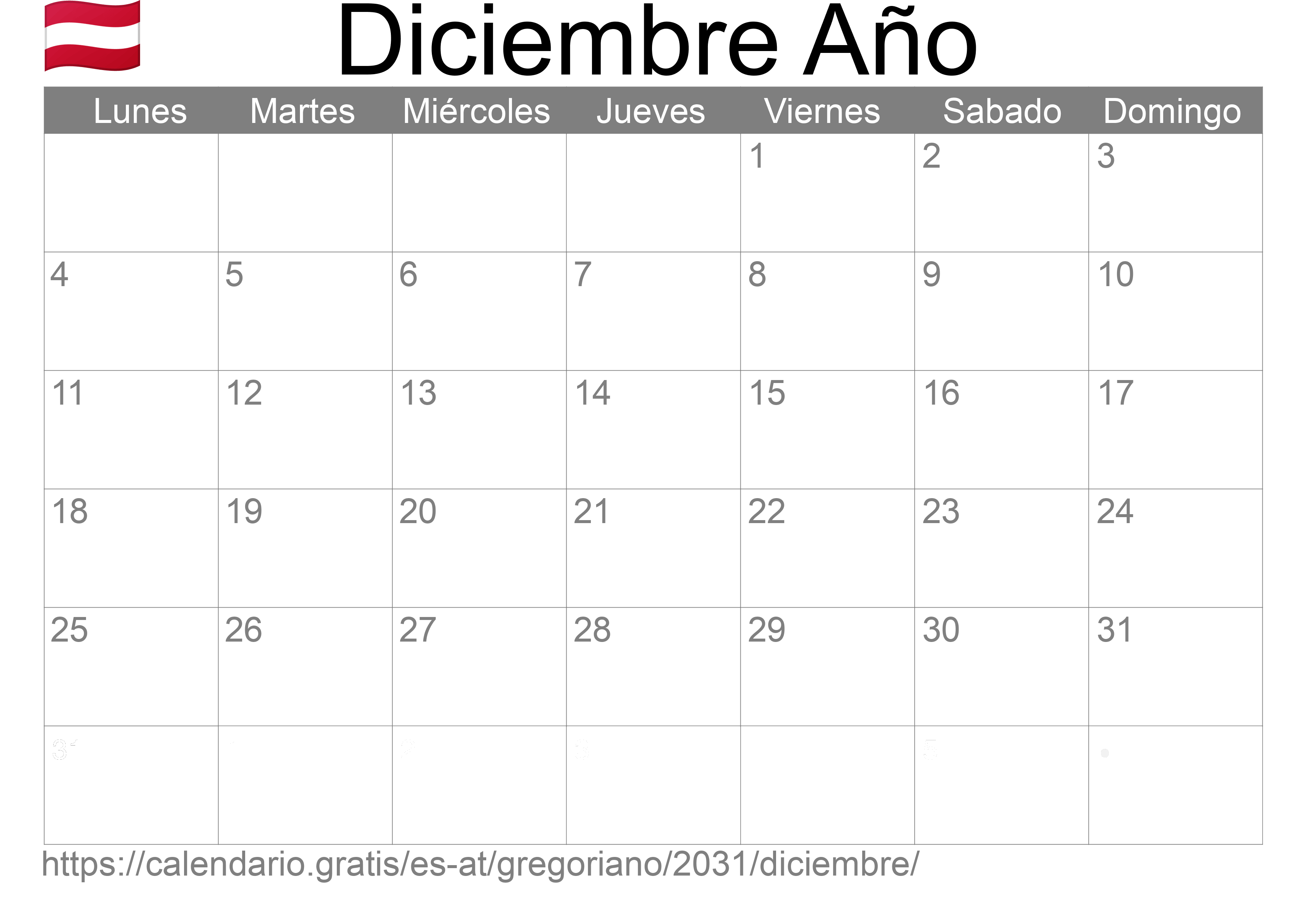 Calendario Diciembre 2031 para imprimir