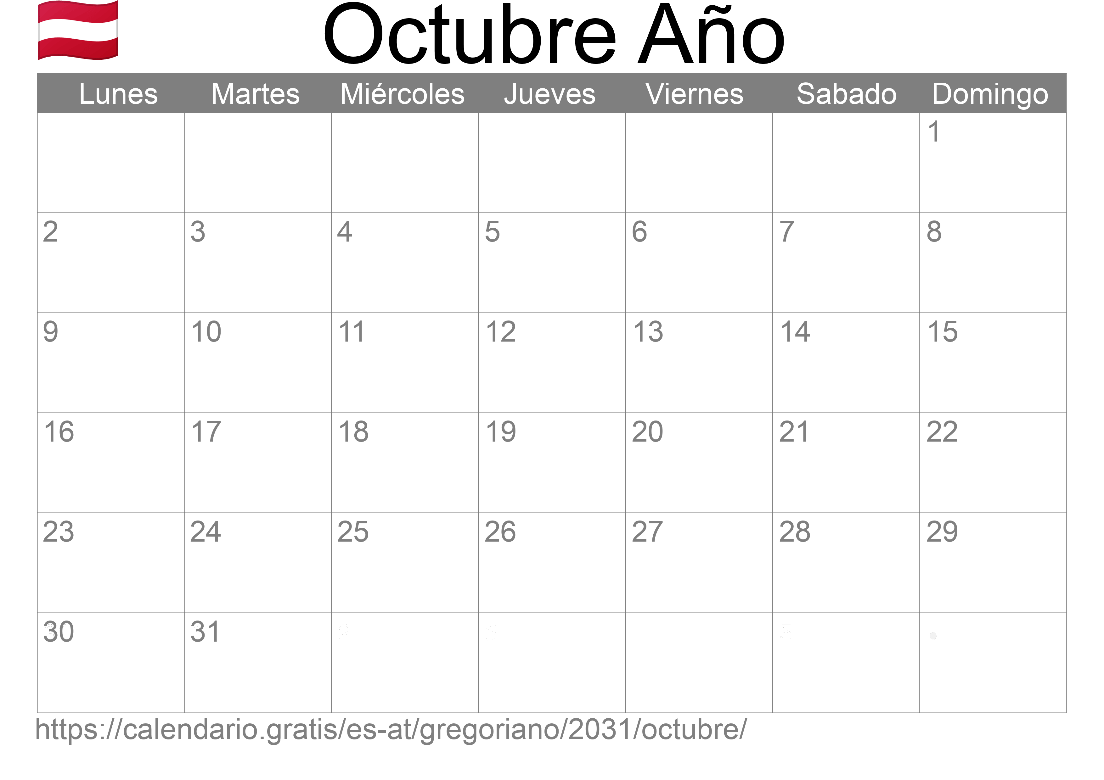 Calendario Octubre 2031 para imprimir