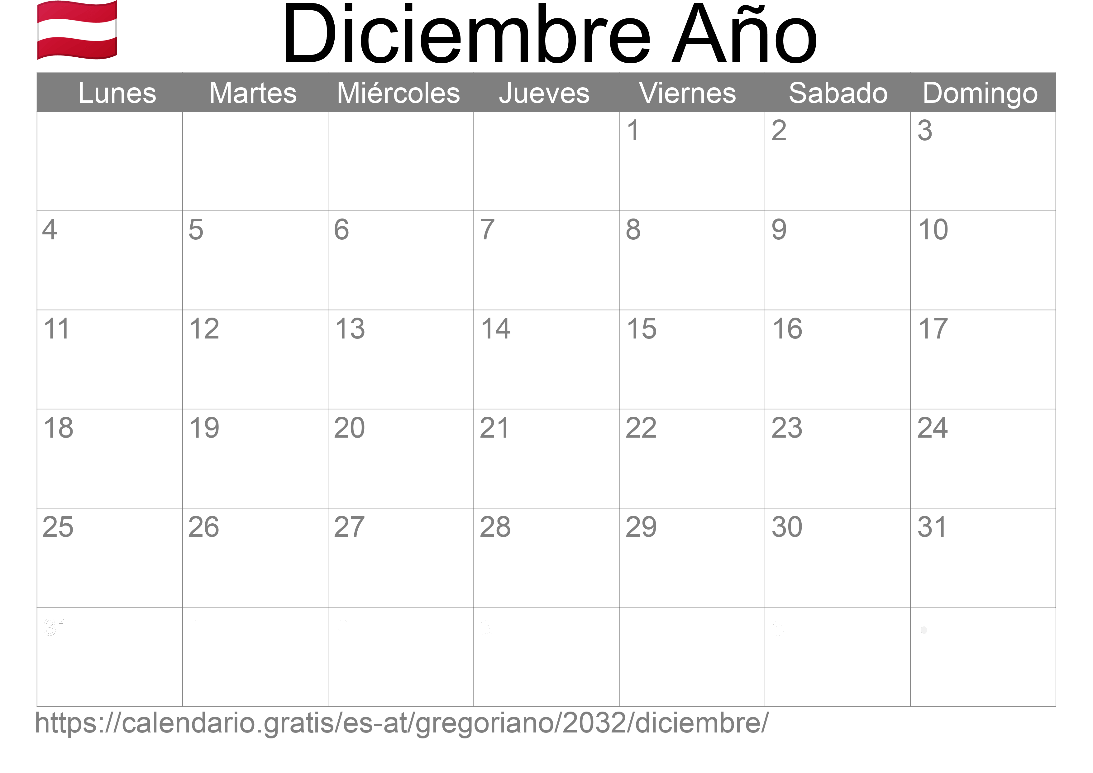 Calendario Diciembre 2032 para imprimir